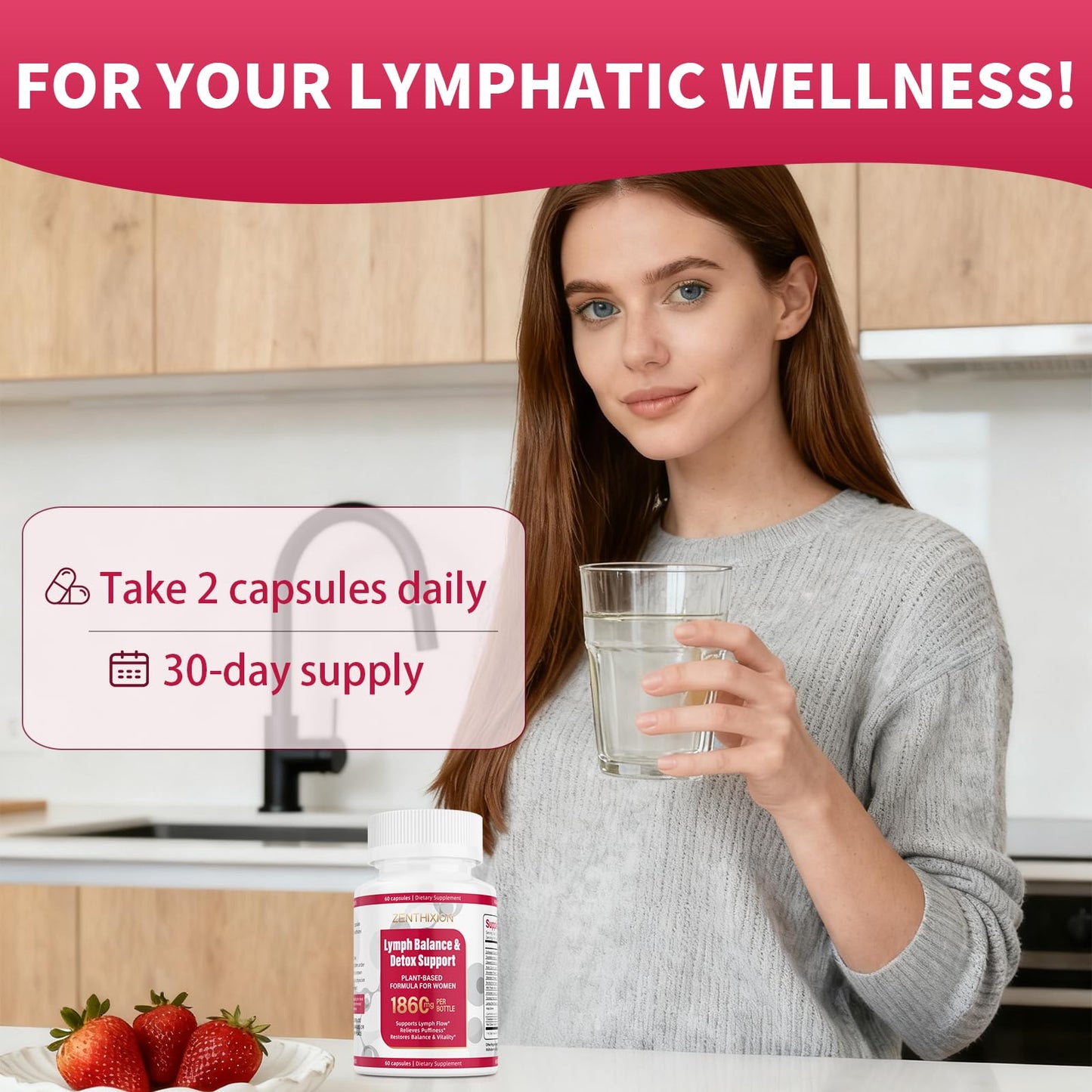 Zenthixion Lymphatic Drainage Supplements 1860mg Lymph System Support Supplement for Women with Dandelion, Burdock, Echinacea, Rutin, Turmeric, Cleavers, Bromelain & More 60 Capsules