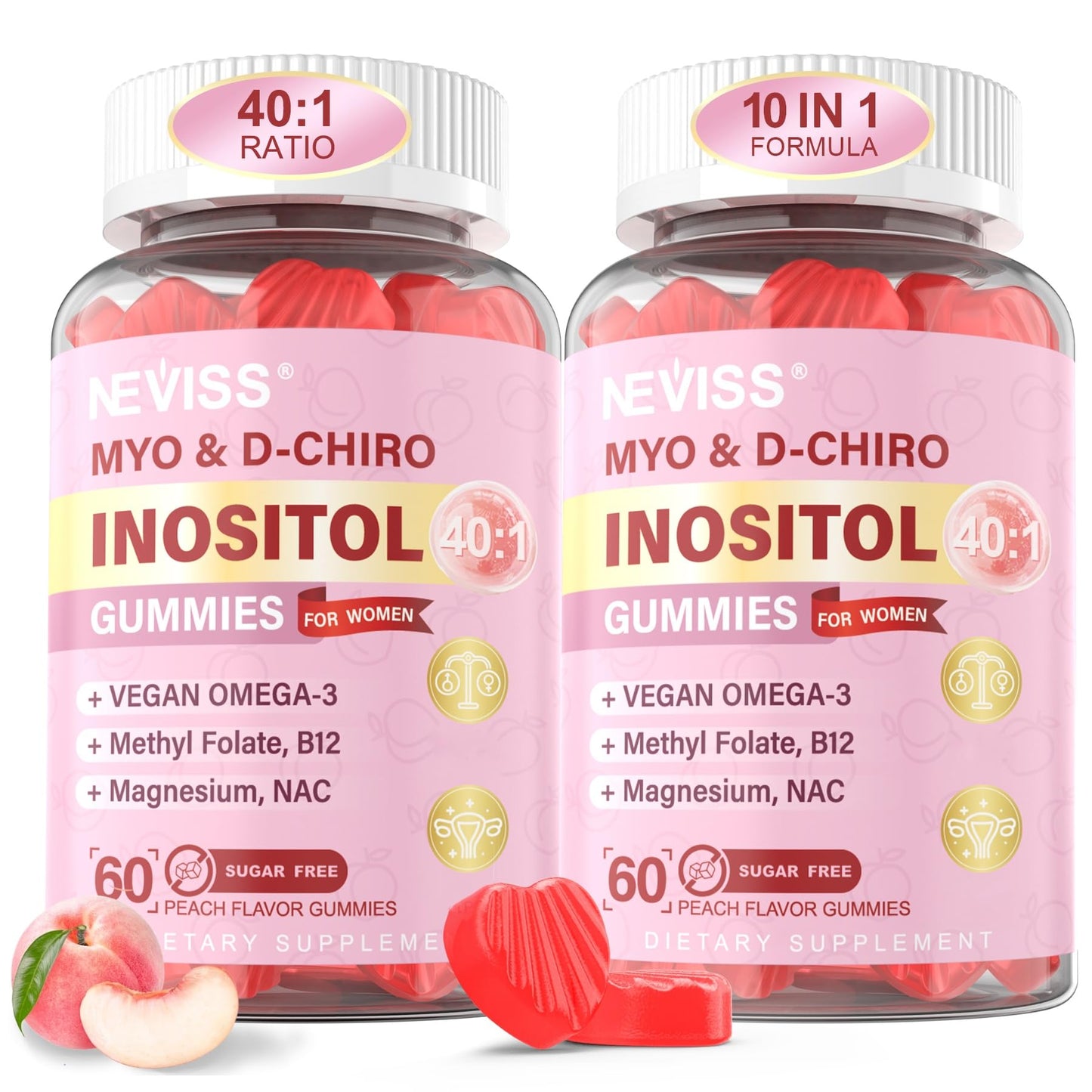 NEVISS Myo-Inositol & D-Chiro Inositol Gummies for Women with Methylfolate D3, 120 Gummies
