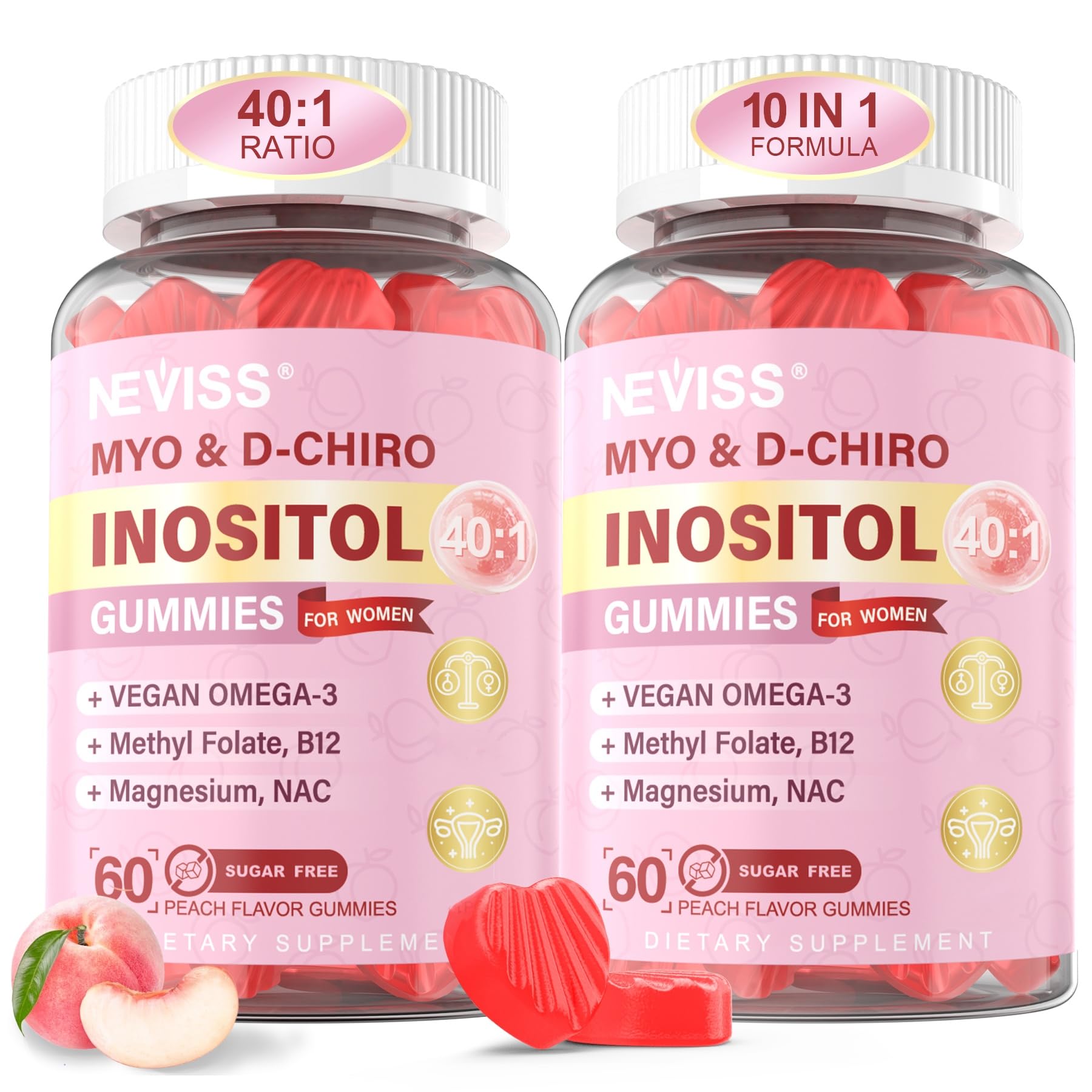 NEVISS Myo-Inositol & D-Chiro Inositol Gummies for Women with Methylfolate D3, 120 Gummies