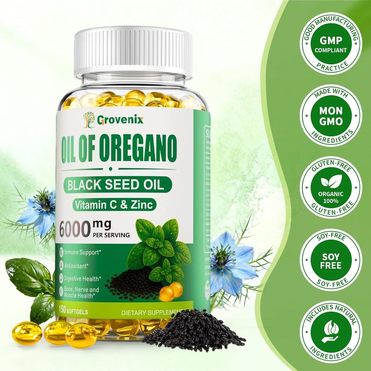 Grovenix Oil of Oregano with Black Seed Oil Softgels, 300 Count