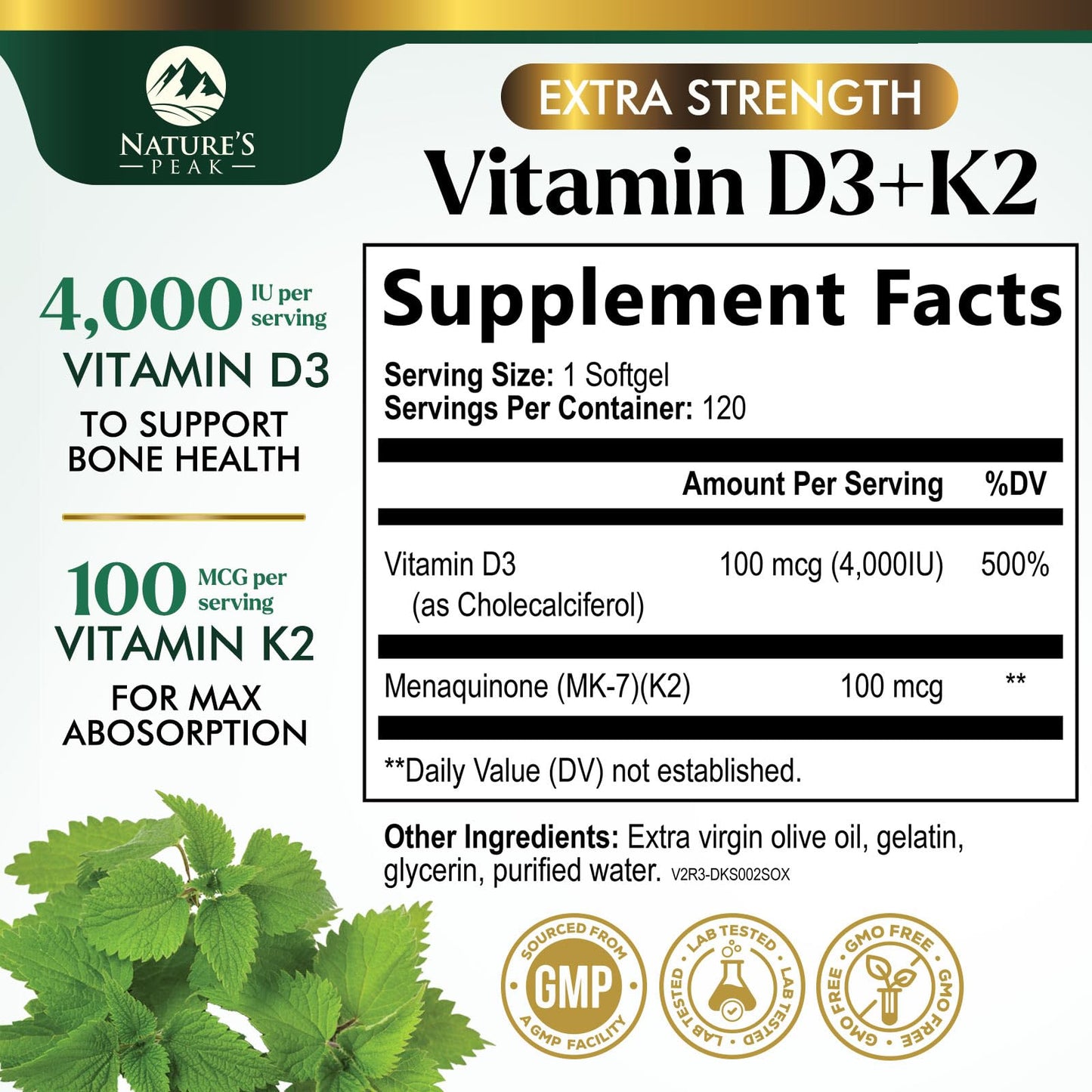 Nature's Peak Vitamin D3 K2 High Potency Vitamin D3 + K2 2-in-1 Complex Vitamin D & K2 (MK7) Supplement Softgels 120