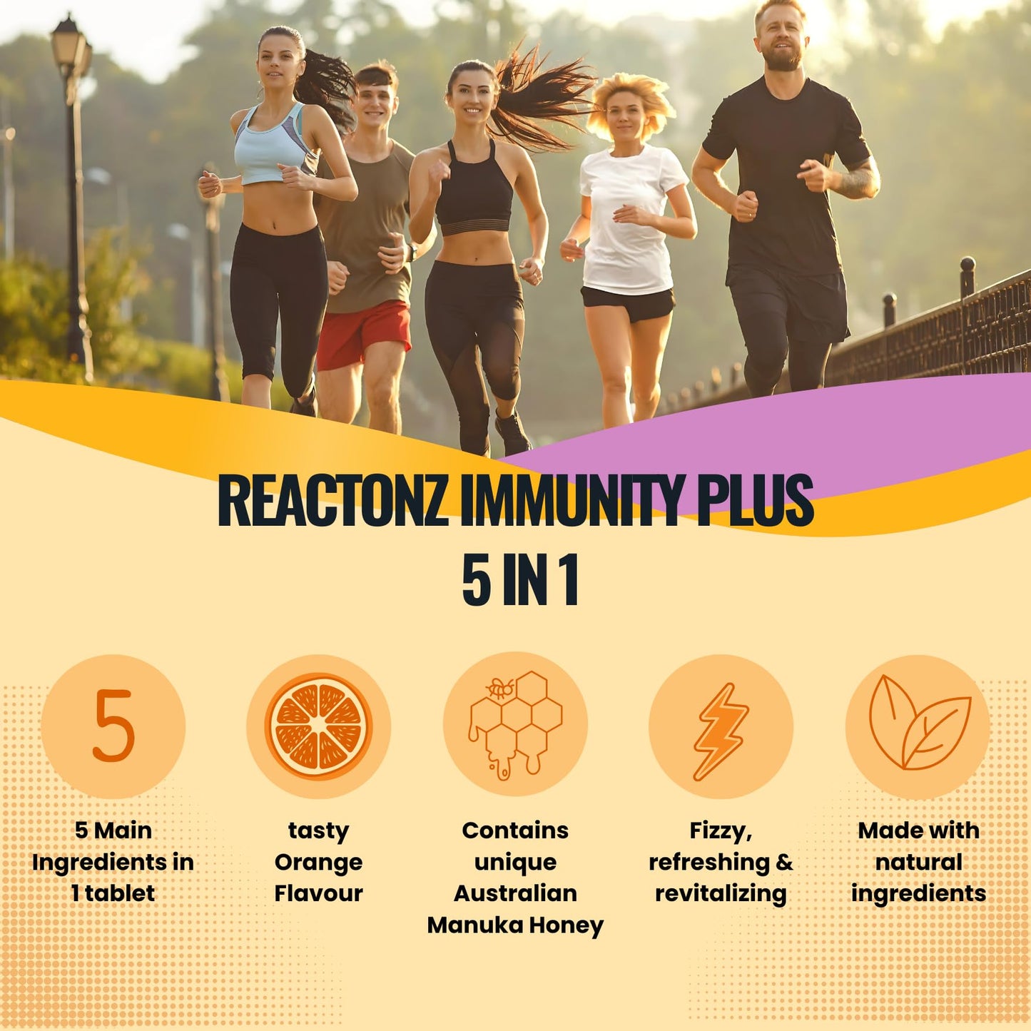 REACTONZ 5 in 1 Immunity Plus – Immune Support & Antioxidant Supplement – Vitamin C, Zinc, Manuka Honey, Rosehip & Propolis – Natural Zesty Orange Flavor – 20 Tablets