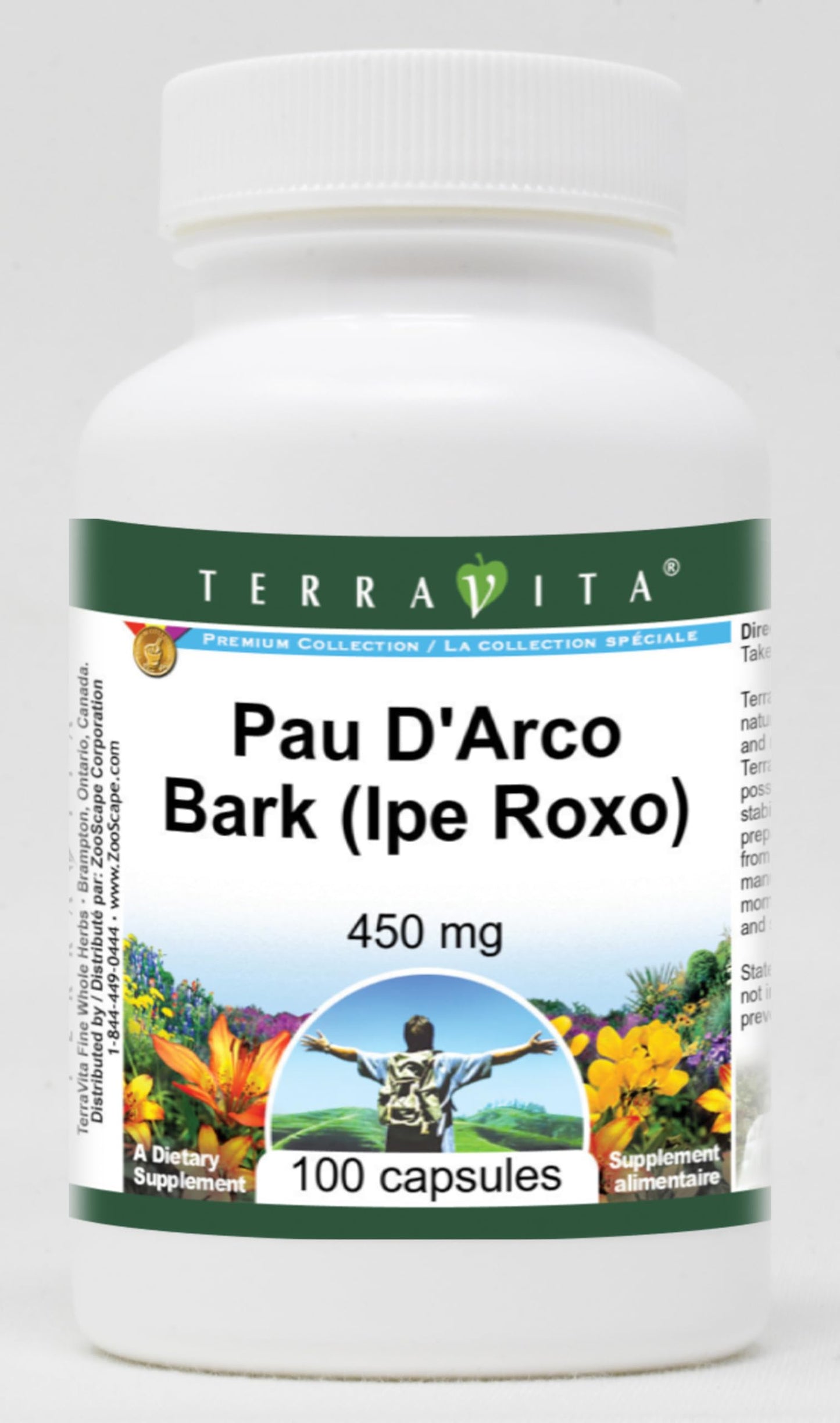 Terravita Pau D'Arco Bark (Ipe Roxo) 450 mg Capsules, 100 Count