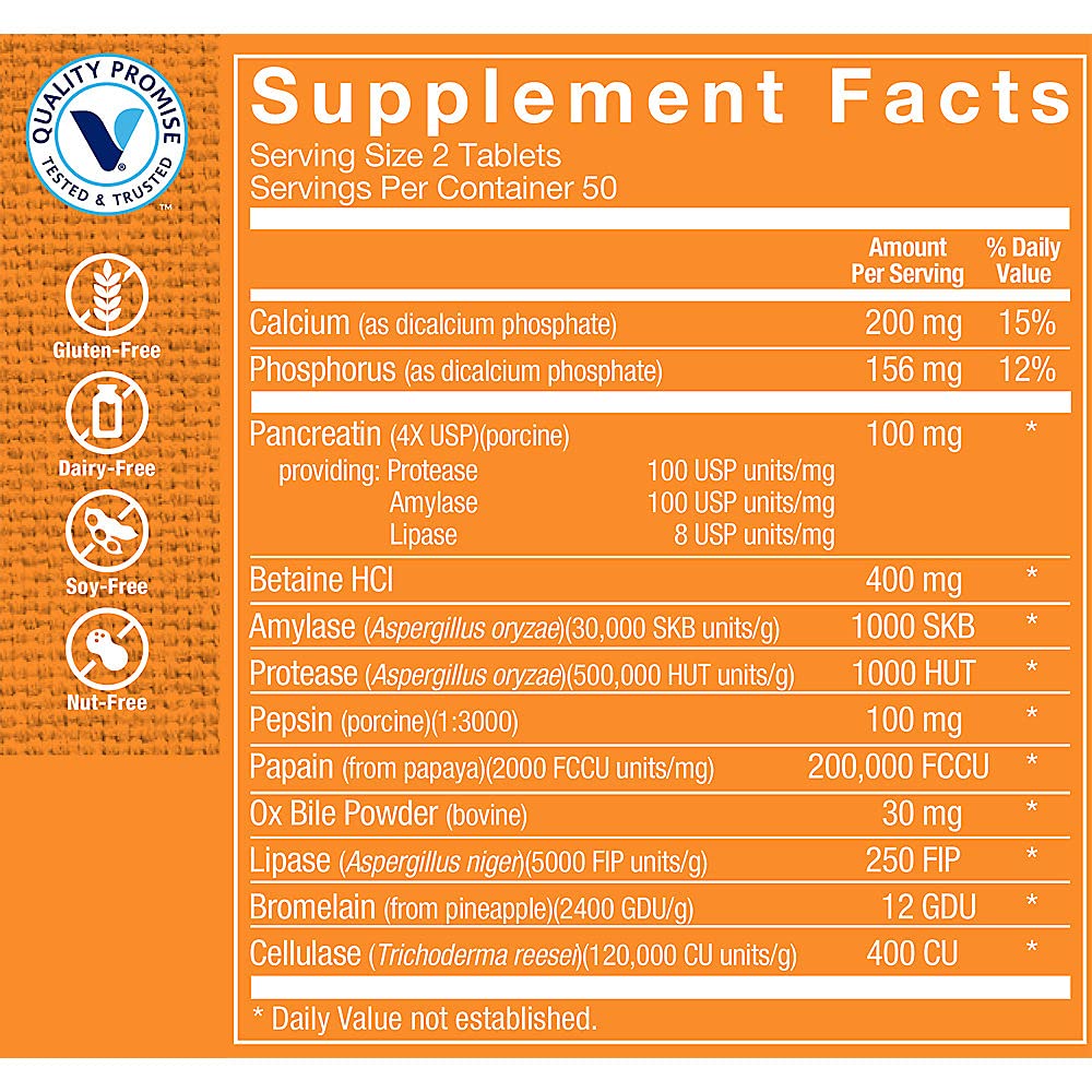 The Vitamin Shoppe Digestive Enzymes - Complete Multi-Enzyme Formula for Protein Fat Carb Digestion Plant-Based Tablets 100 Tablets
