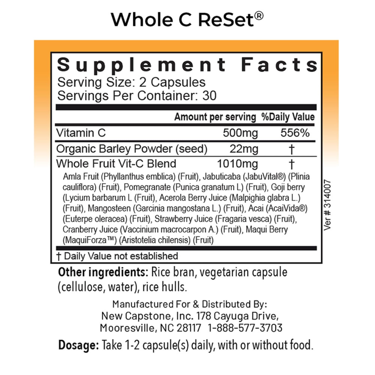 RnA ReSet Whole C Reset Vita-C Fruit Blend with Bioflavonoids & Polyphenols Organic Vitamin C Complex Immune Support Capsules, 60 Count