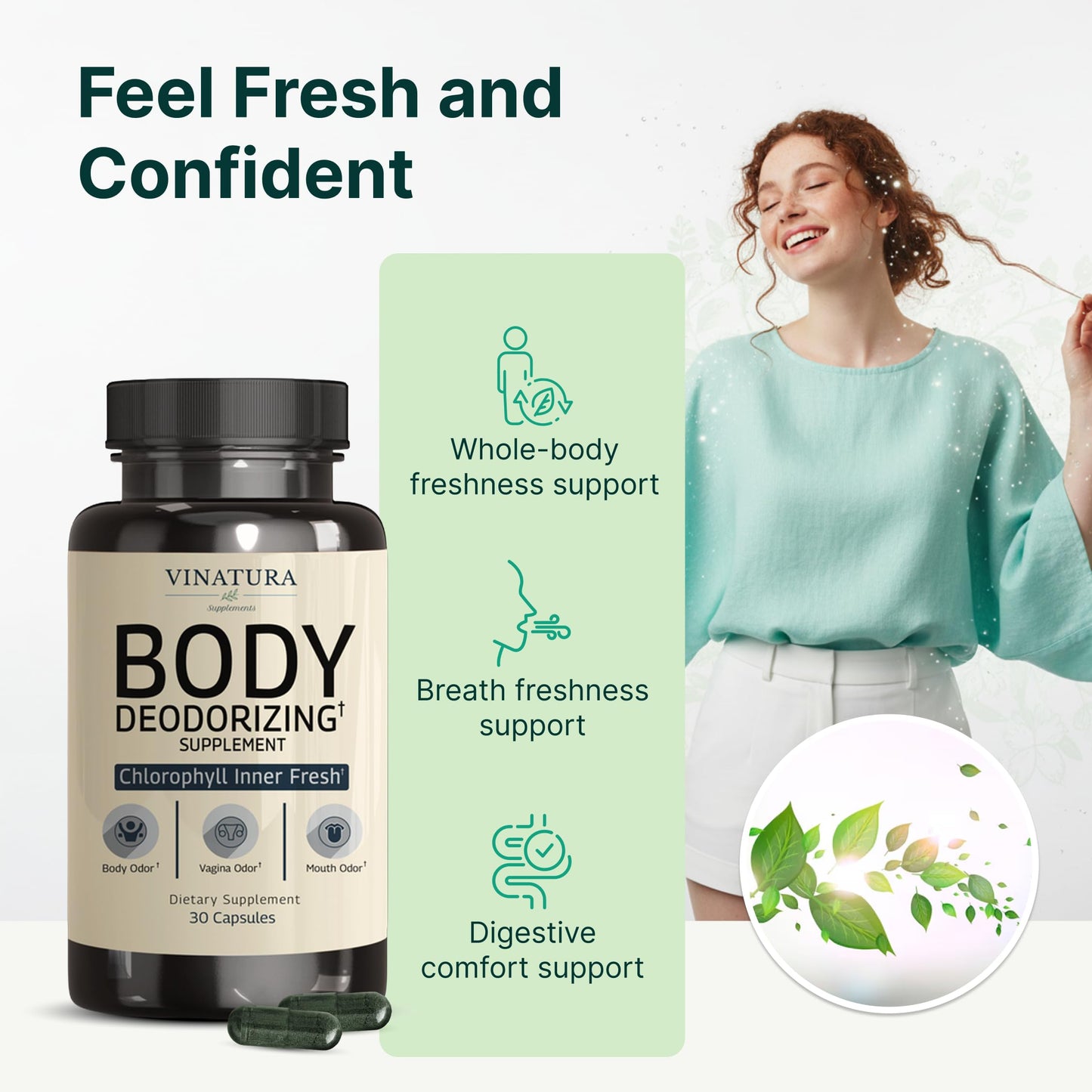 VINATURA Body Deodorizing Supplement for Women - Chlorophyll Pills for Body Odor Eliminator, Capsule, 30 Capsules