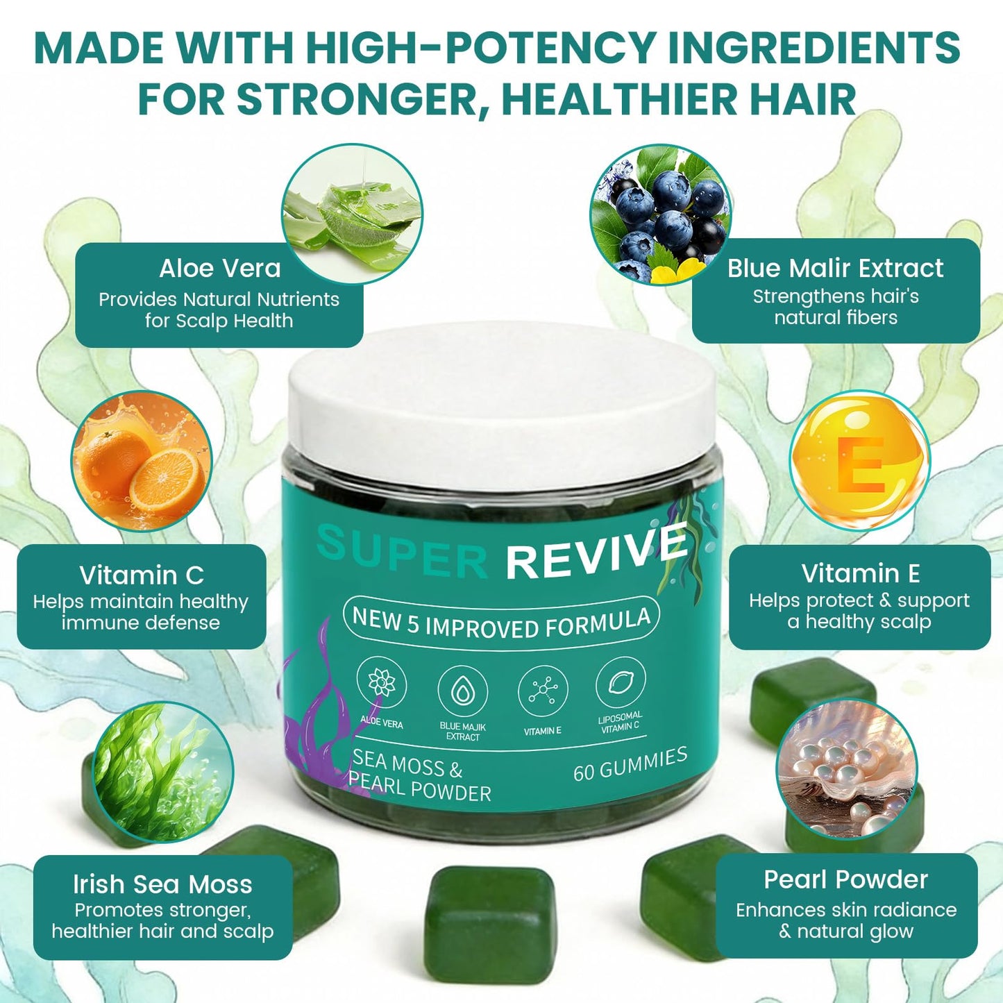 caicieter Super Revive Gummies for Hair Loss - Sea Moss Gummies with Vitamin C, E, Aloe Vera & Pearl Powder Glow, Promotes Thicker, Fuller & Stronger Hair, 60 Count