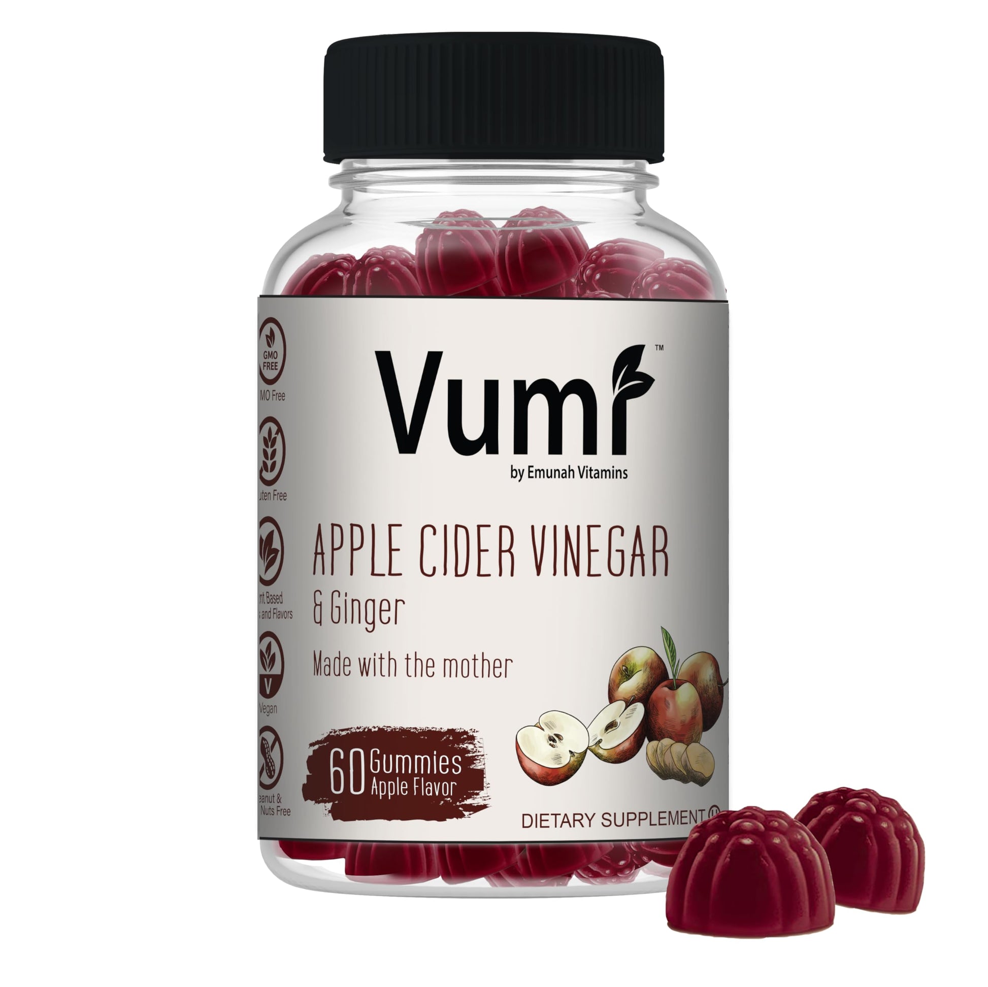 Vumi Apple Cider Vinegar Gummies with The Mother + Ginger, 60 Gummies