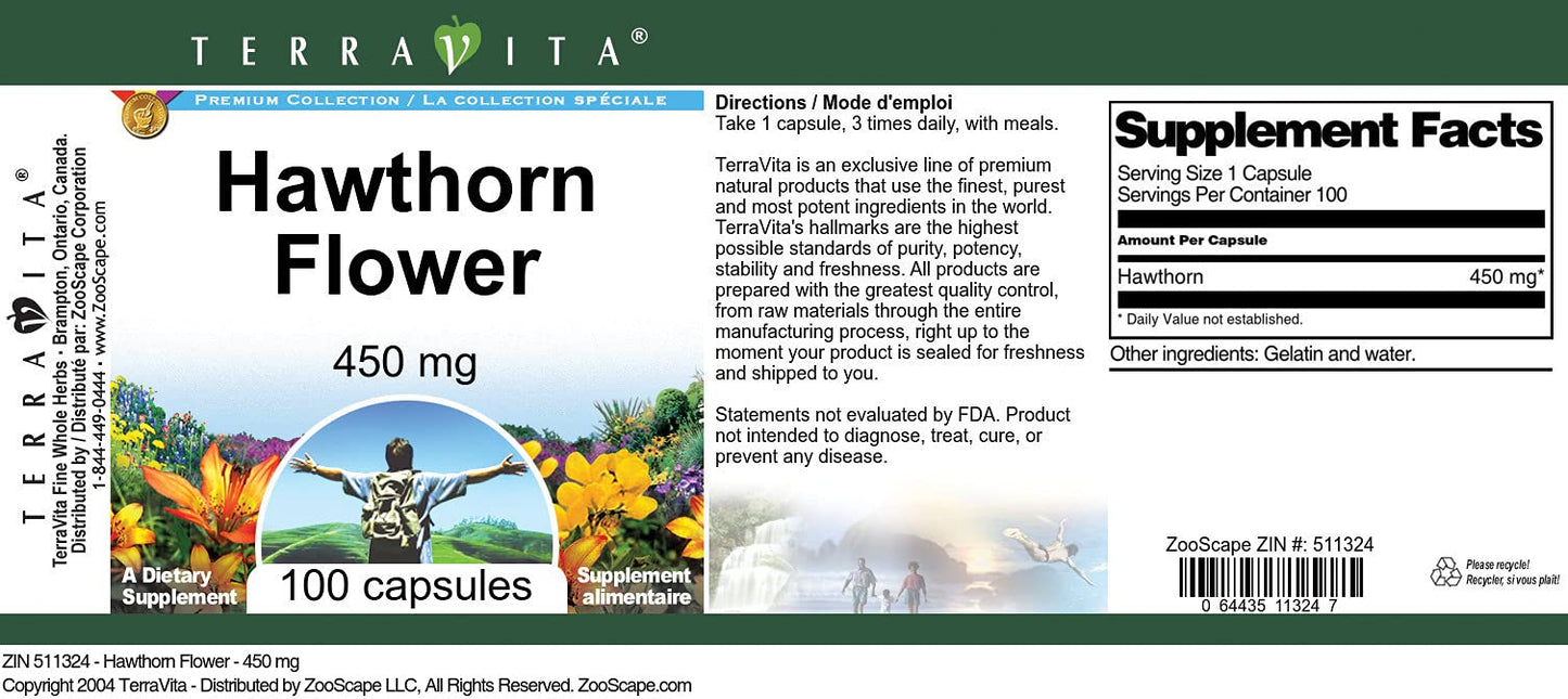 Terravita Hawthorn Flower 450 mg Capsule 100 Count
