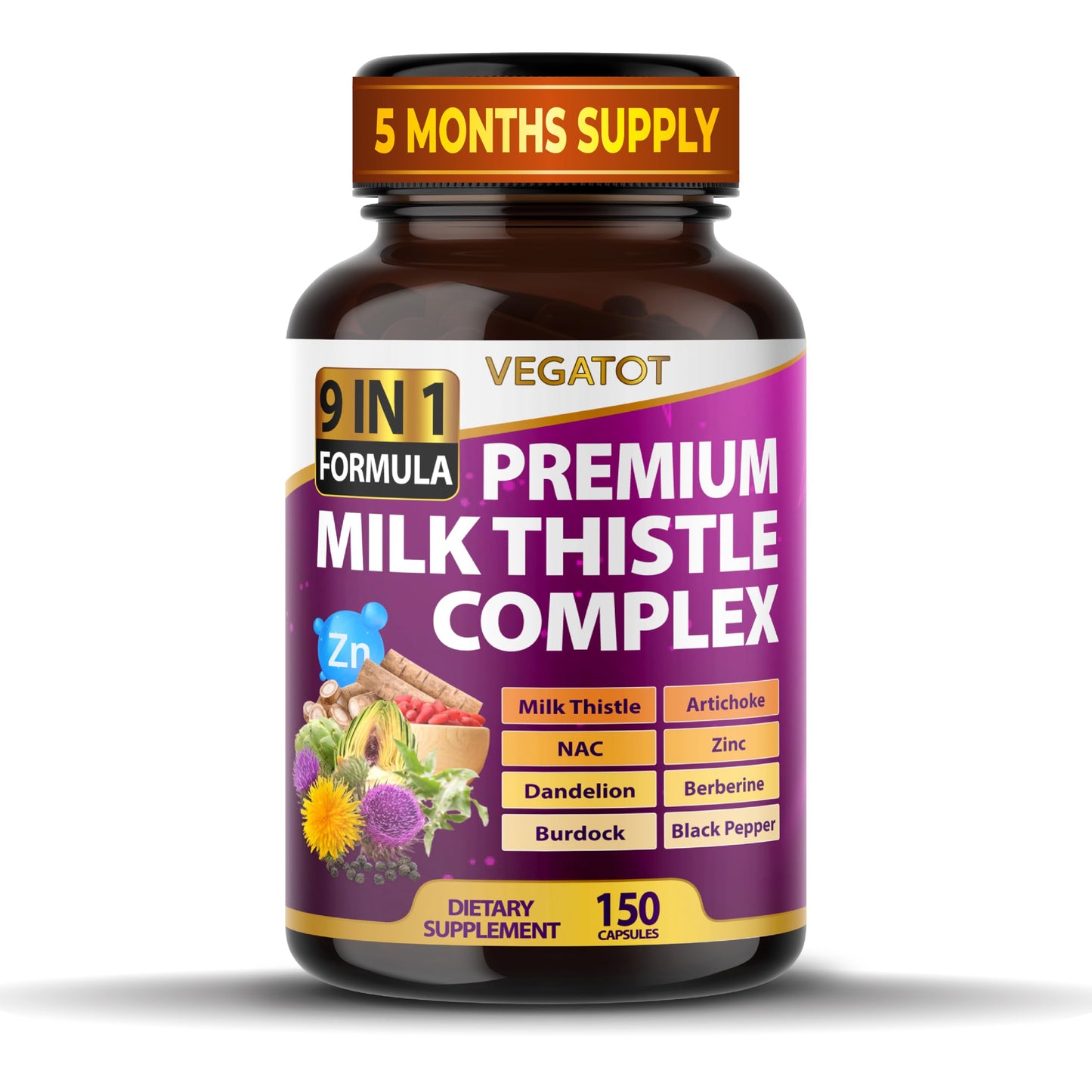VEGATOT Organic Milk Thistle Complex 9 in 1 Formula Capsules, 150 Count
