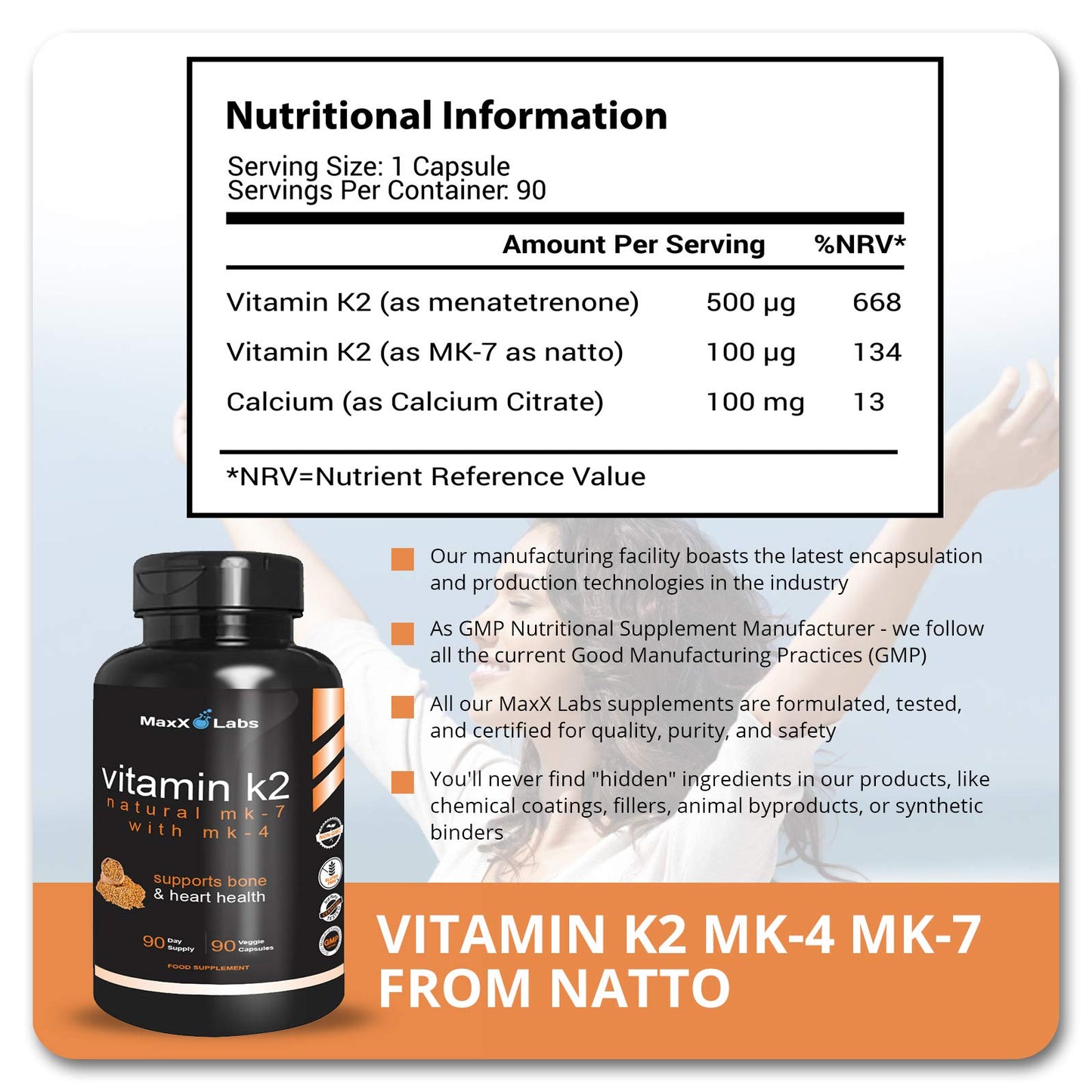 MaxX Labs Vitamin K2 Supplement Full Spectrum K2-MK7, MK4 & Vitamin D Capsule, 90 Capsules