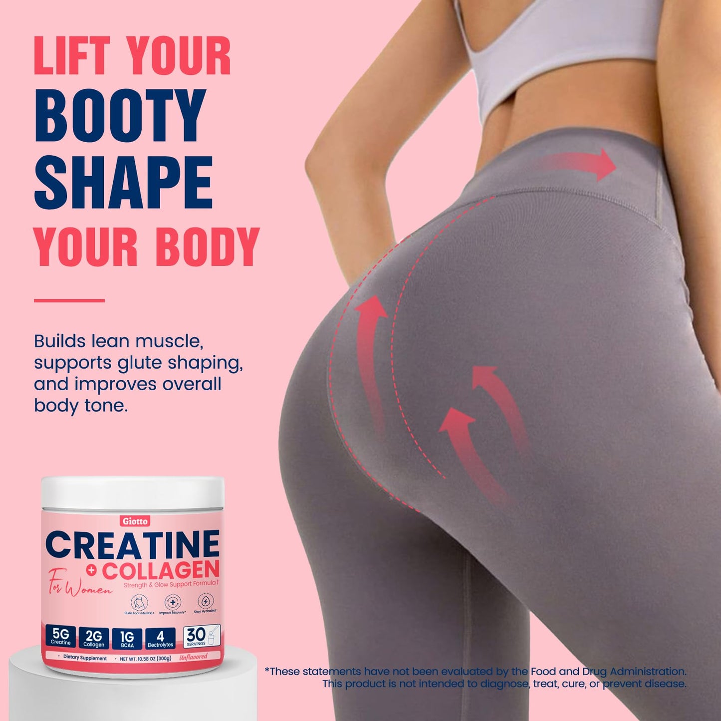 Giotto Creatine Powder for Women – 30 SVG, 5g Monohydrate Creatine with 2g Collagen, 1g BCAAs & Electrolytes for Lean Muscle, Strength & Recovery – Unflavored, 10.6 Ounce