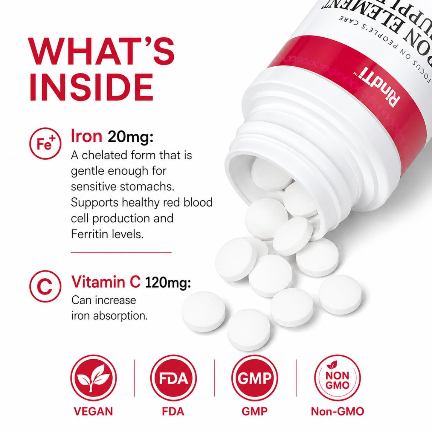 RindTi Gentle Iron Supplement Tablets for Women and Adults, 60 Tablets
