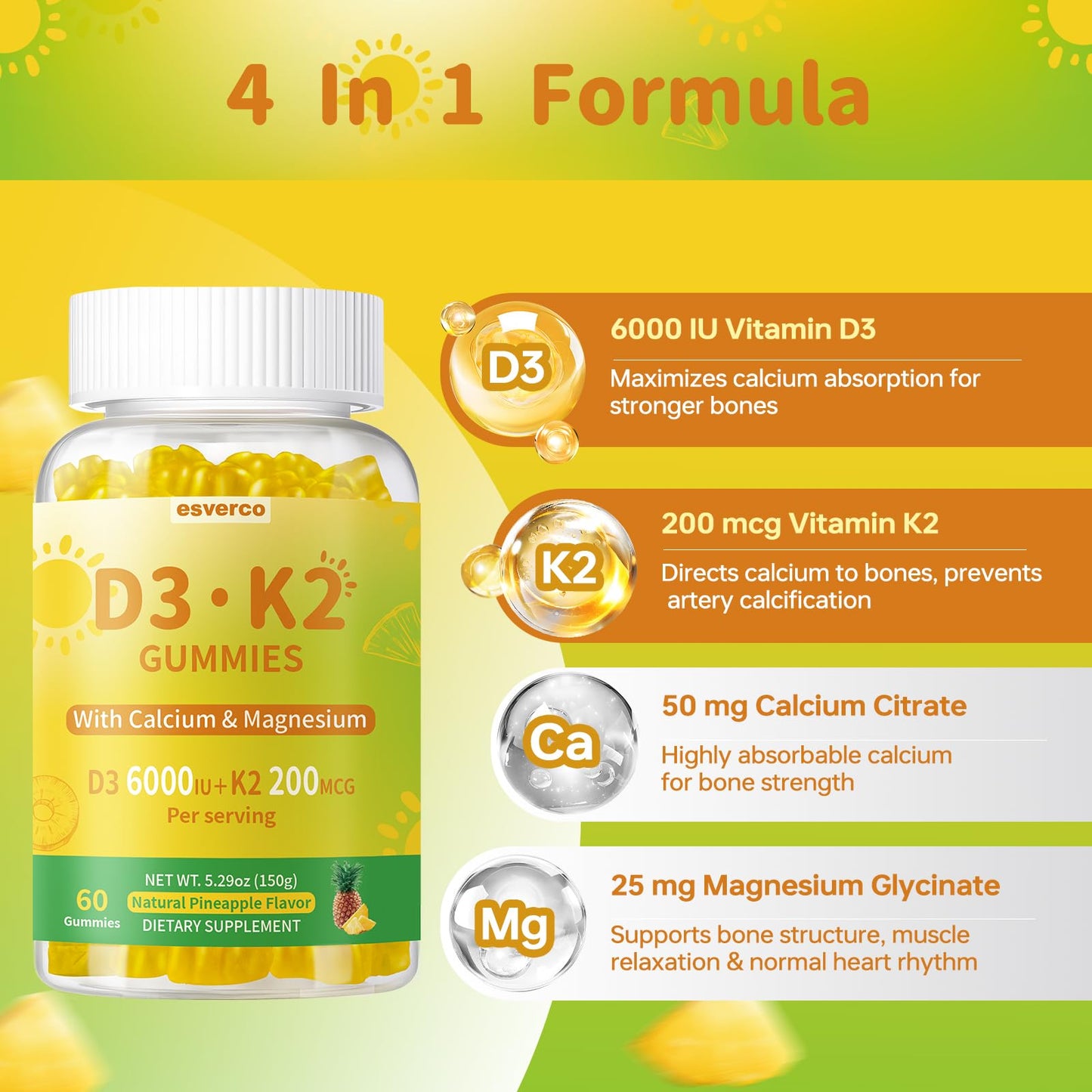 esverco Vitamin D3 K2 Gummies, 60 Count