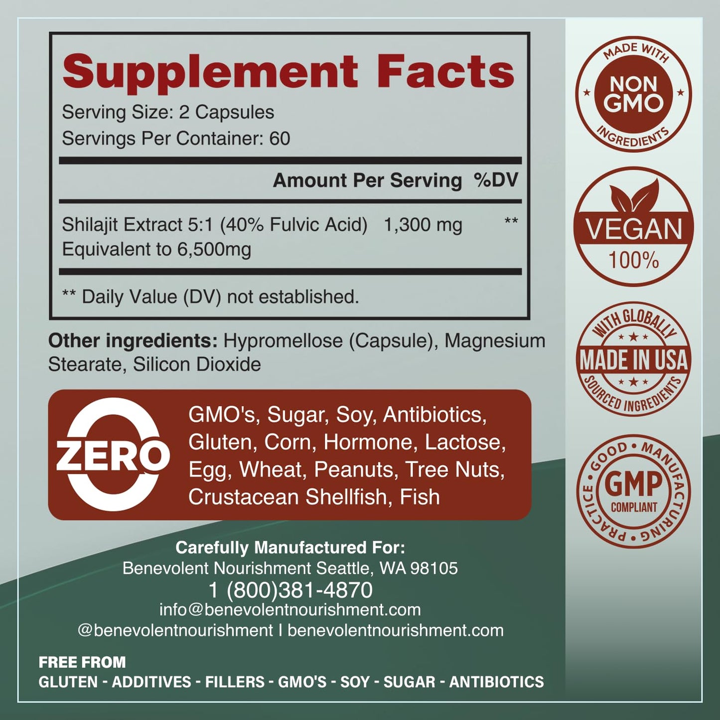 Benevolent Nourishment Shilajit 6500mg Capsules, 120 Count