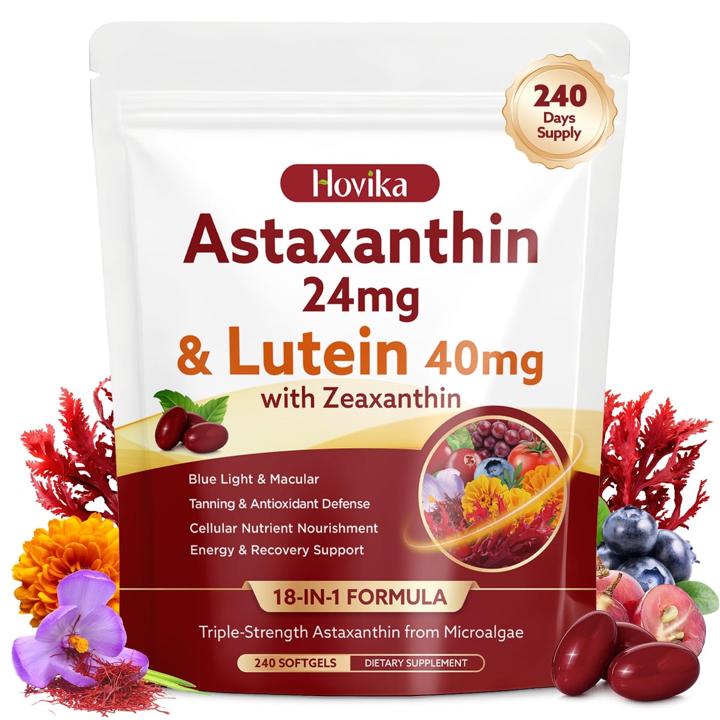 Hovika 18-in-1 Astaxanthin 24mg & Lutein 40mg with Zeaxanthin Softgels 240 Count