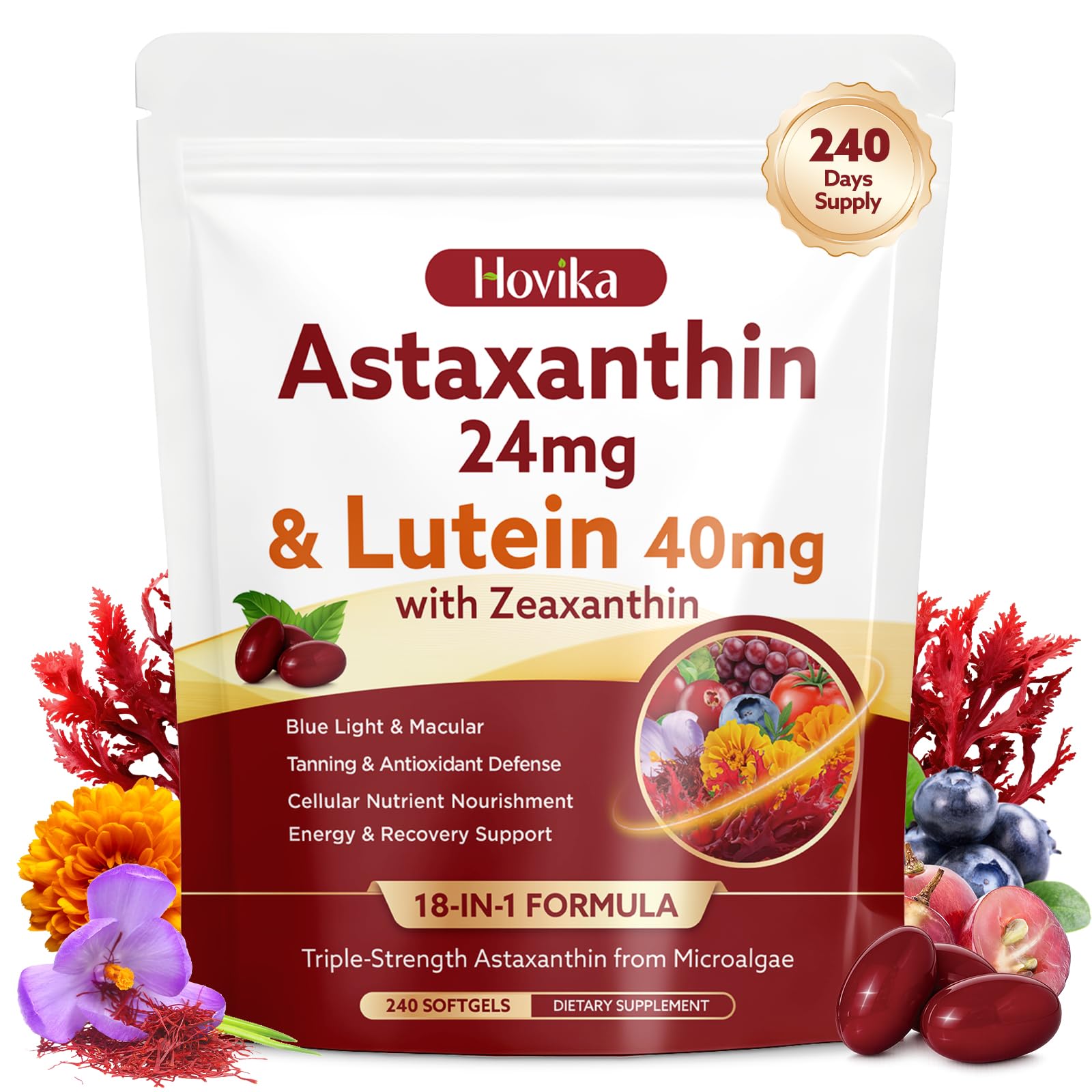 Hovika 18-in-1 Astaxanthin 24mg & Lutein 40mg with Zeaxanthin Softgels 240 Count