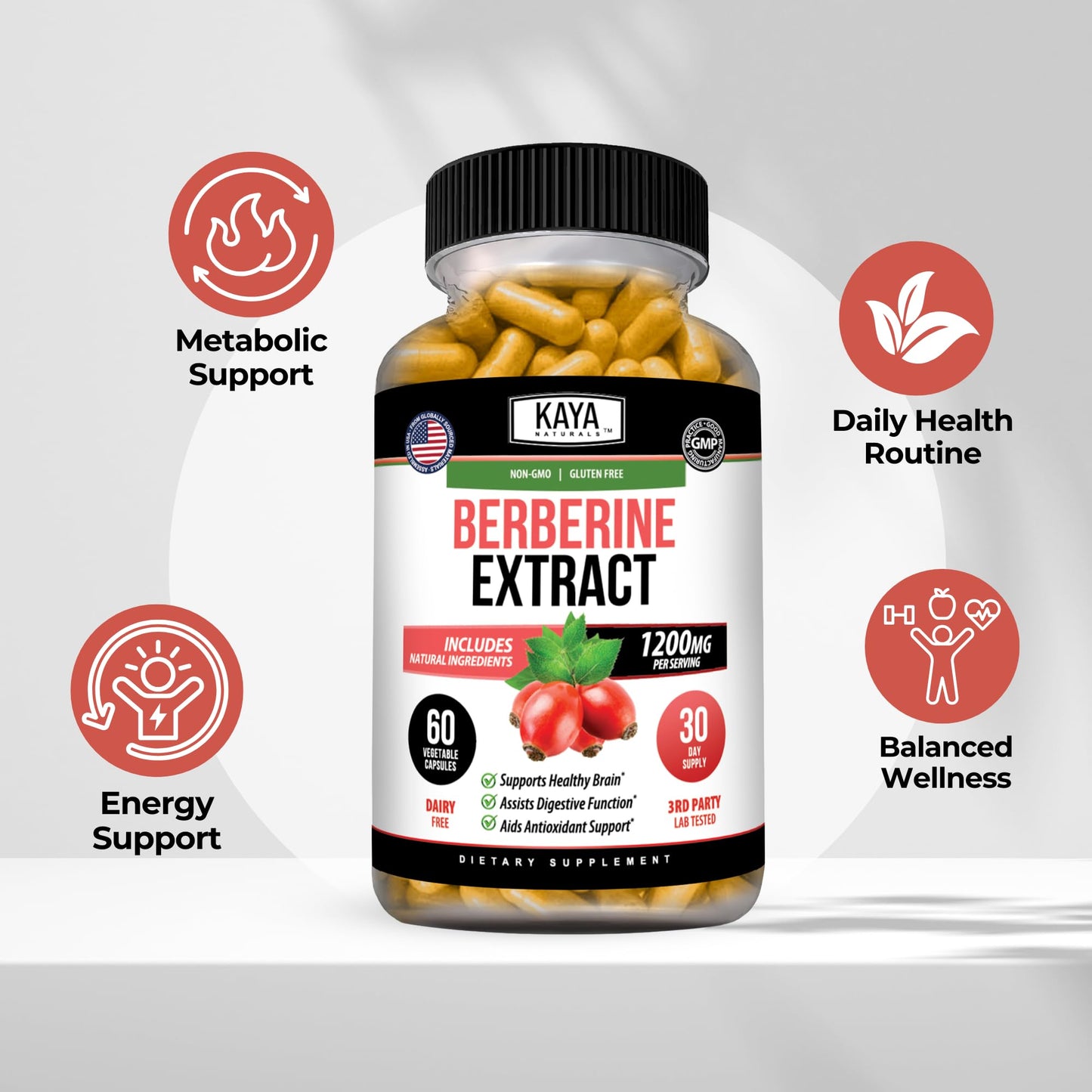 Kaya Naturals Berberine HCL Extract 1200mg Capsule, 60 Count