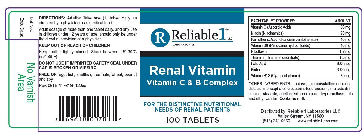 Reliable Renal Vitamin C & B Complex Tablets, 100 Tablets