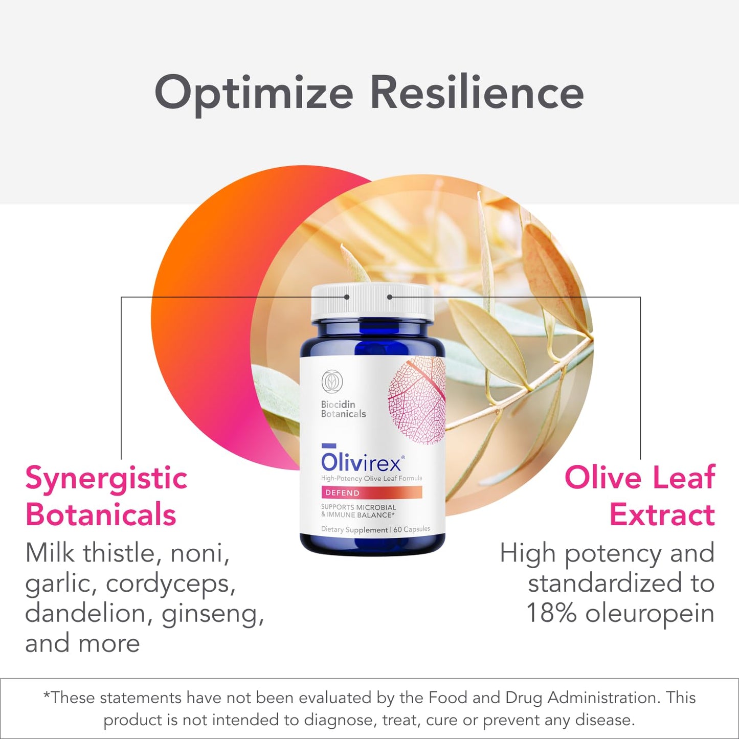 Bio-Botanical Research Biocidin Olivirex High-Potency Olive Leaf Extract Capsules with 18% Oleuropein, Immune Support, Microbial Balance & Biofilm Support, Broad-Spectrum Botanical Olive Leaf Supplement, 60 Count