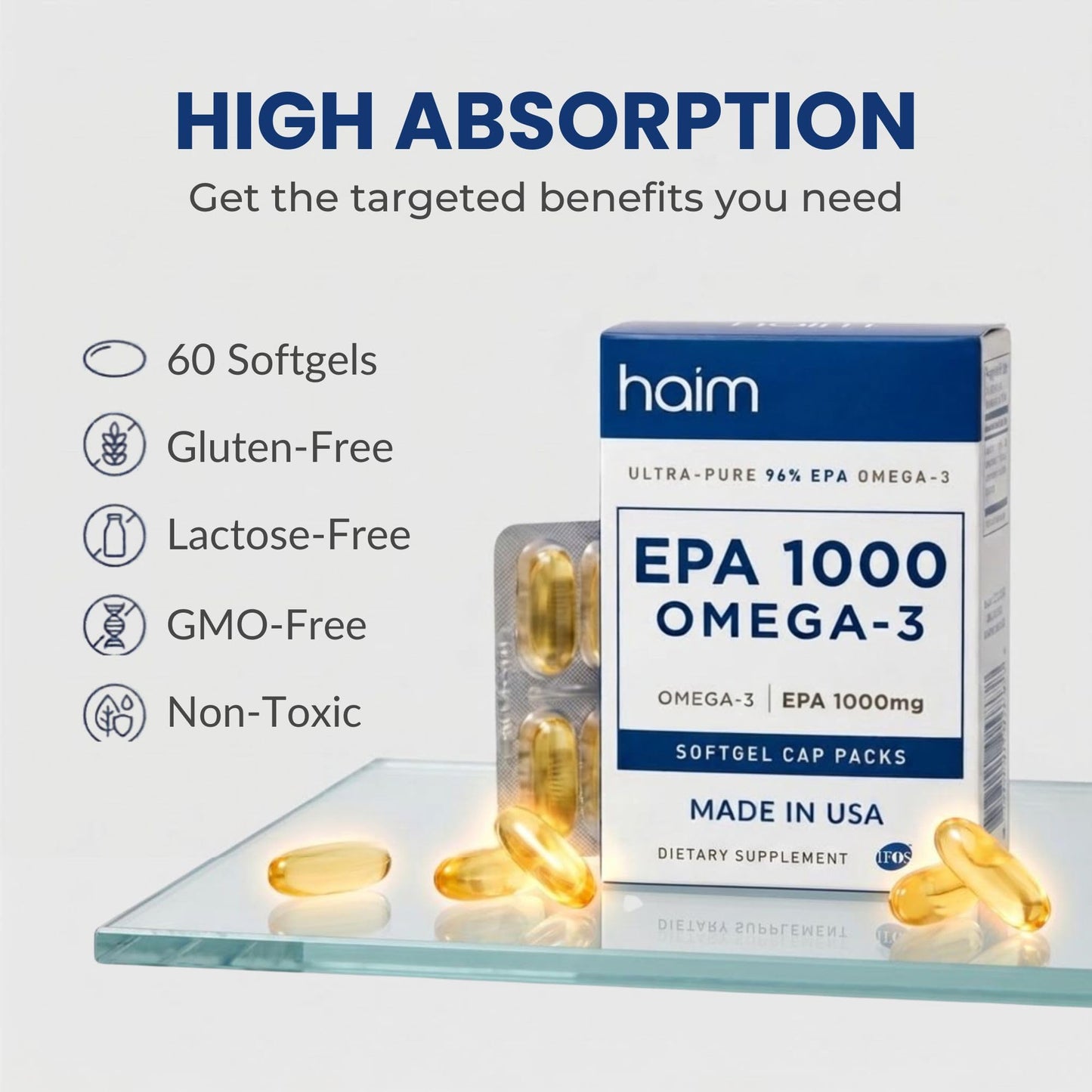 HAIM EPA1000 High-Potency EPA Fish Oil Supplement Softgels, 60 Count