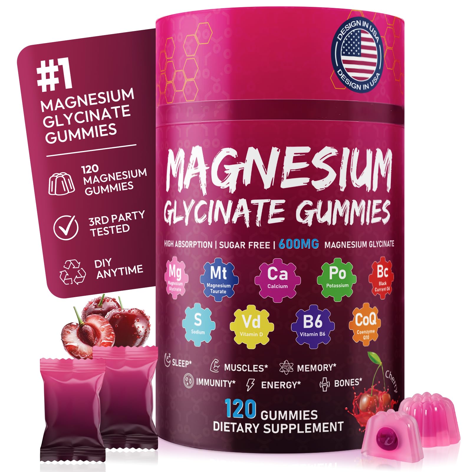 Xytora Magnesium Glycinate Gummies 600mg, Sugar Free Magnesium Supplement Cherry, 120 Gummies