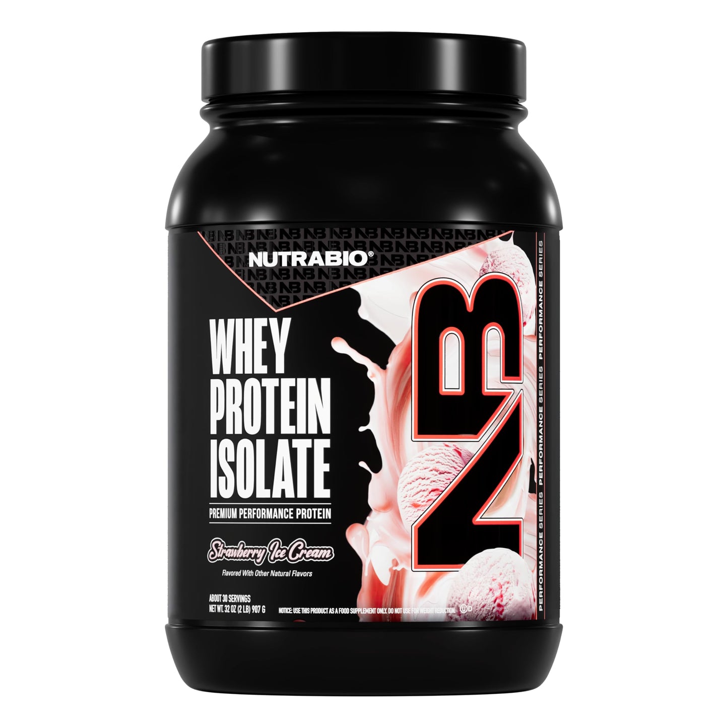 NutraBio 100% Whey Protein Isolate Powder, Strawberry Ice Cream, 32 Servings, 2 Lbs