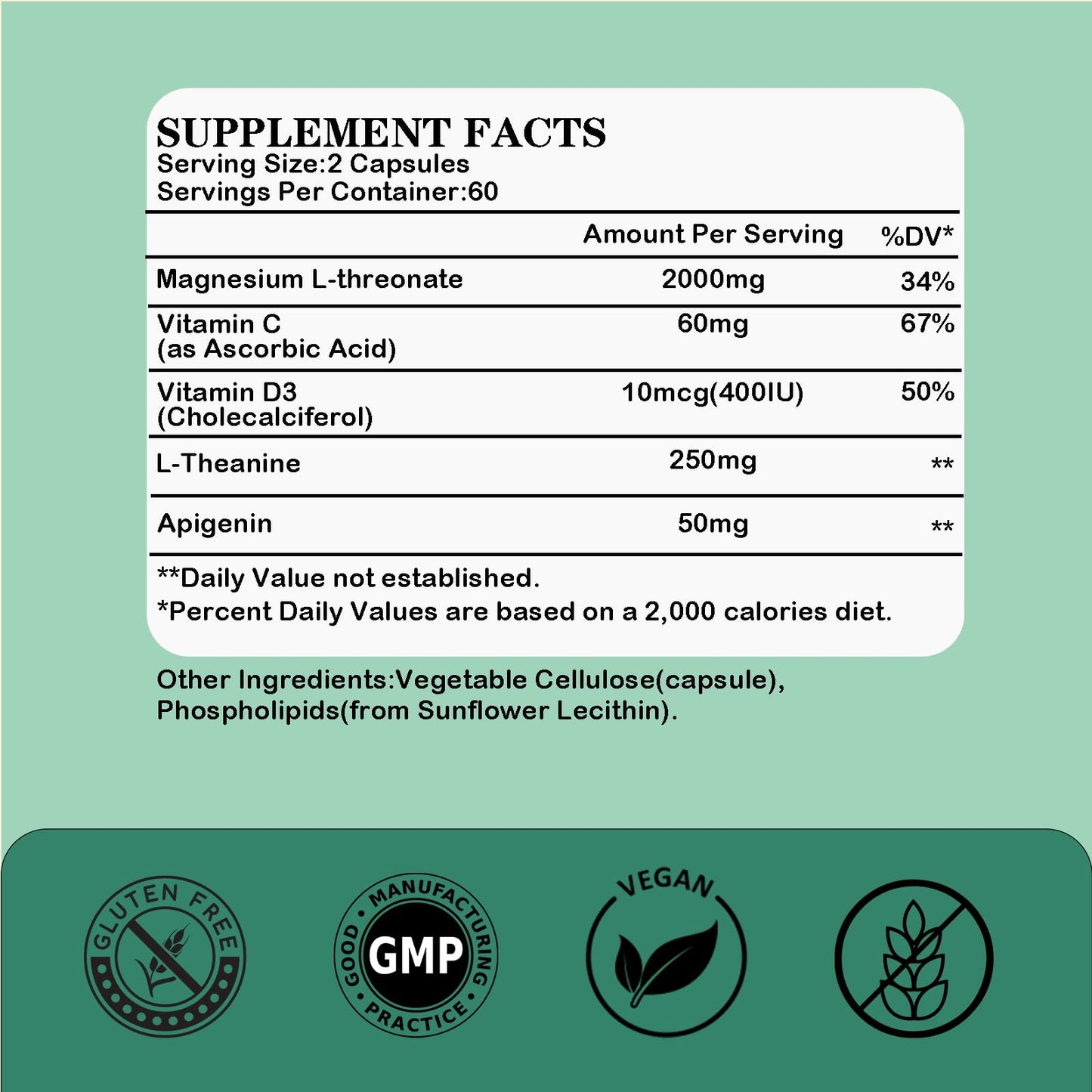 GHKALQ Liposomal Magnesium L-Threonate with L-Theanine, Apigenin, Vitamin C & D3 Capsules 120 Count