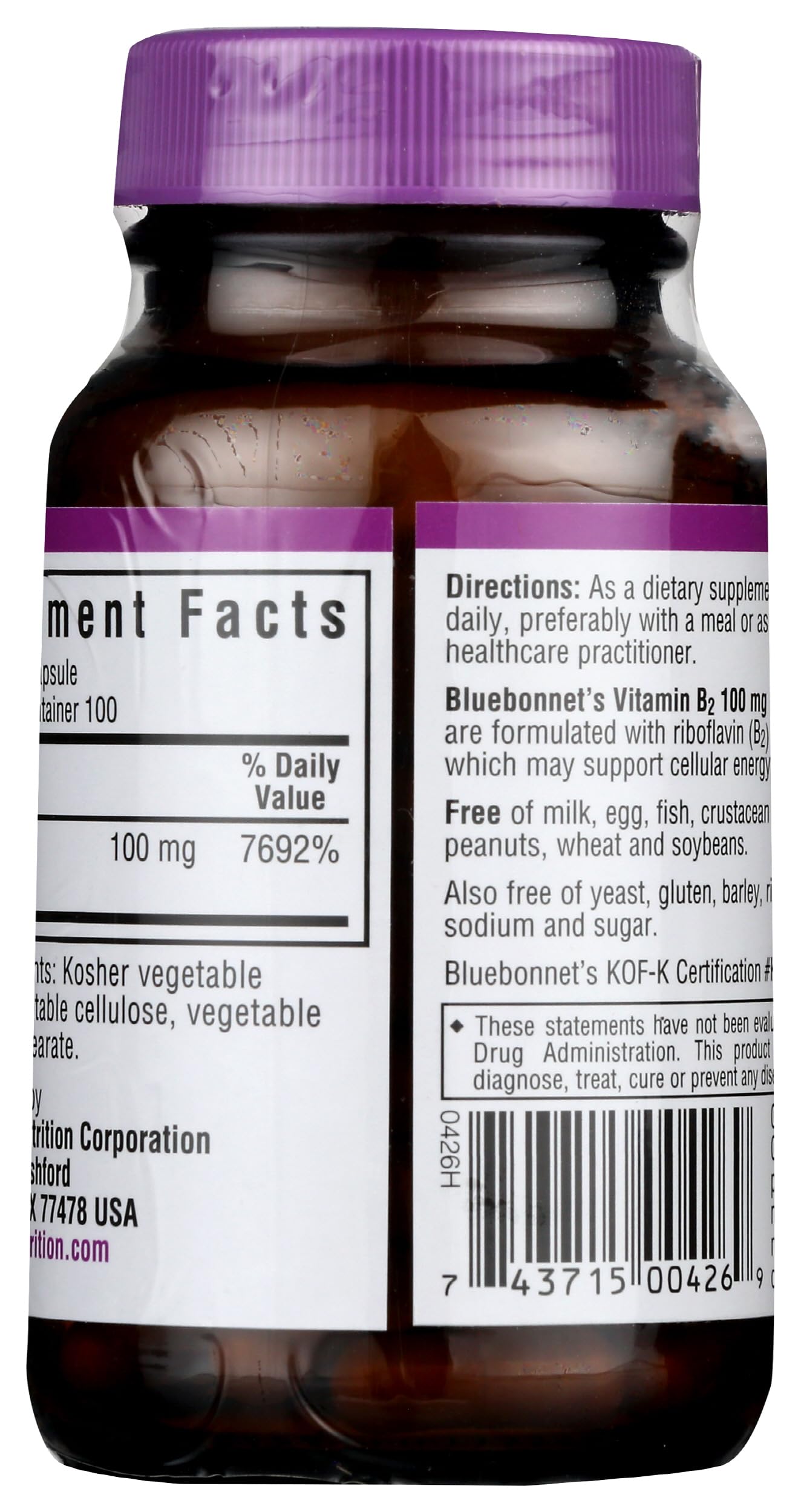 BlueBonnet Vitamin B2 100 mg Capsule, 100 Capsules