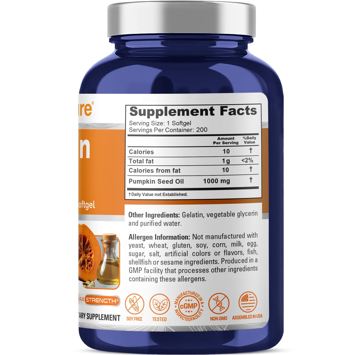 NusaPure Pumpkin Seed Oil 1000mg Capsules, 200 Count