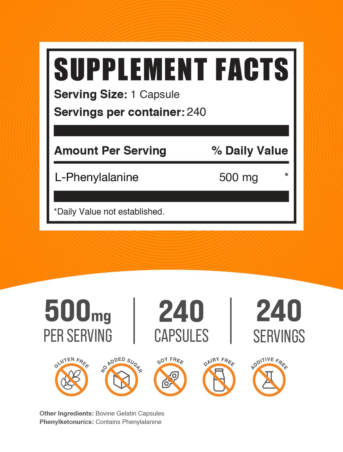 BulkSupplements L-Phenylalanine Capsules, 240 Capsules