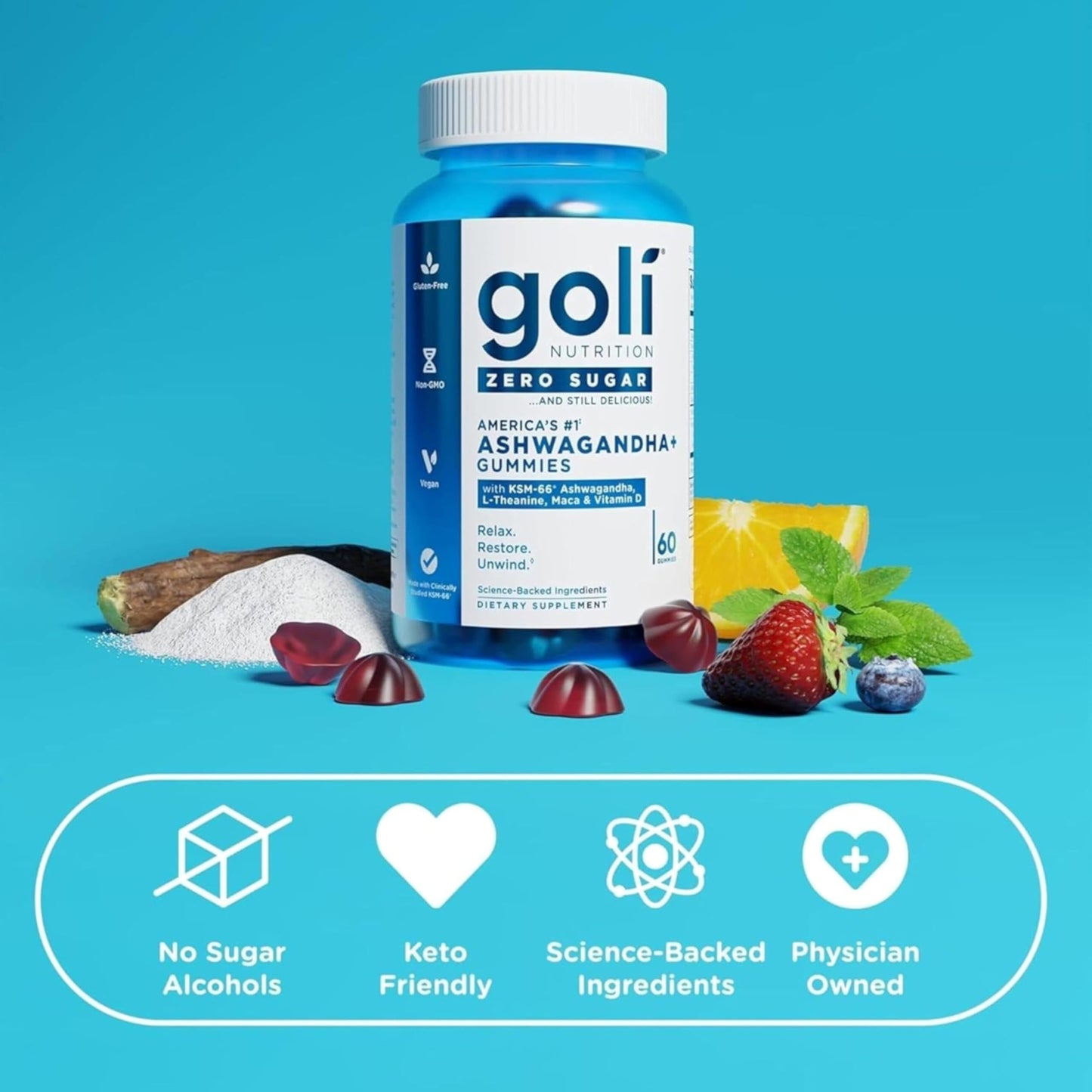 Goli Zero Sugar Ashwagandha Gummies with KSM-66, L-Theanine, Maca and Vitamin D, 60 Count