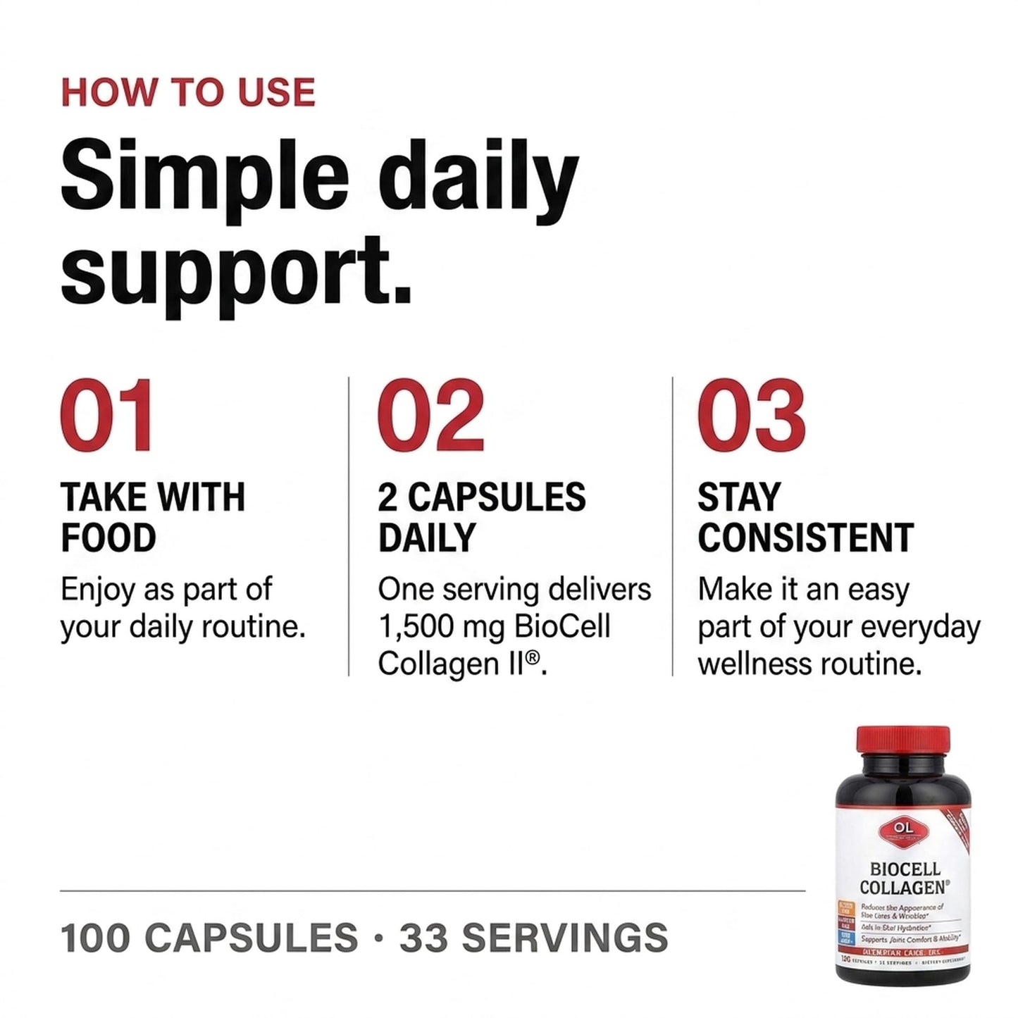 Olympian Labs Biocell Collagen II 1500mg Supplement Capsules, 100 Count