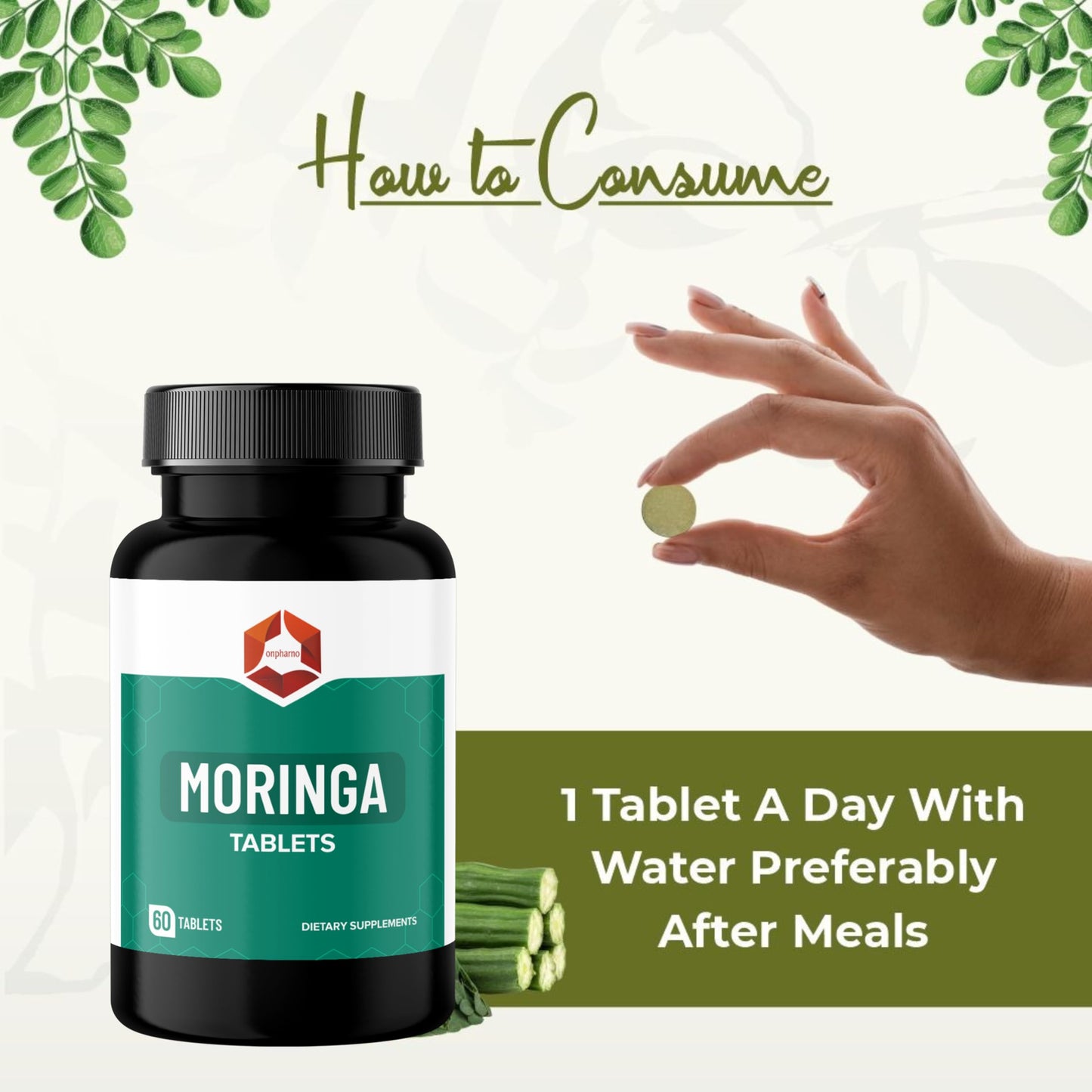 Onpharno Moringa Tablets 1000mg Organic Moringa Oleifera Leaf Powder Natural Herbal Supplement Vegan Non-GMO 60 Tablets