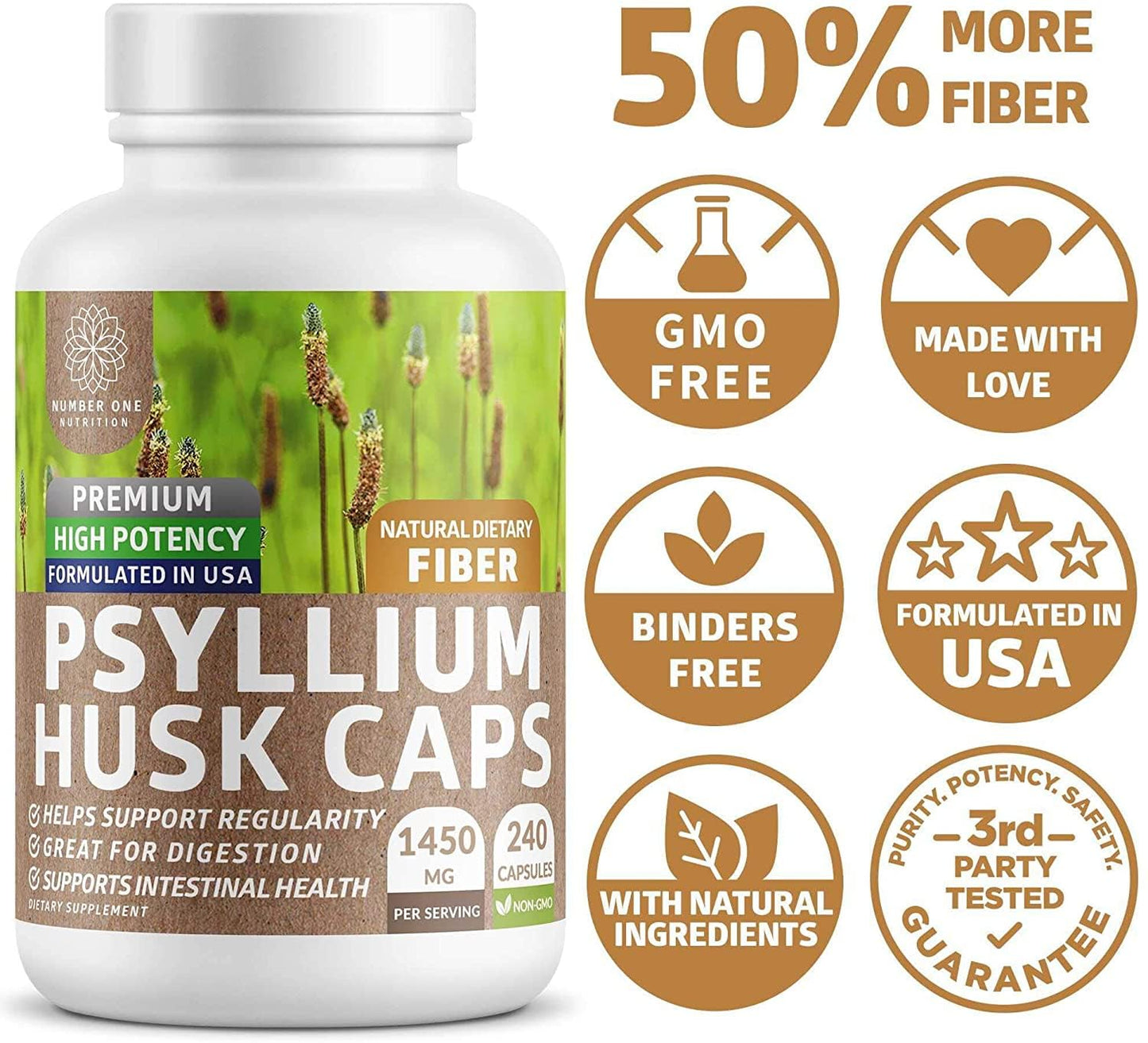 Number One Nutrition Psyllium Husk Capsules 1450mg, 240 Count