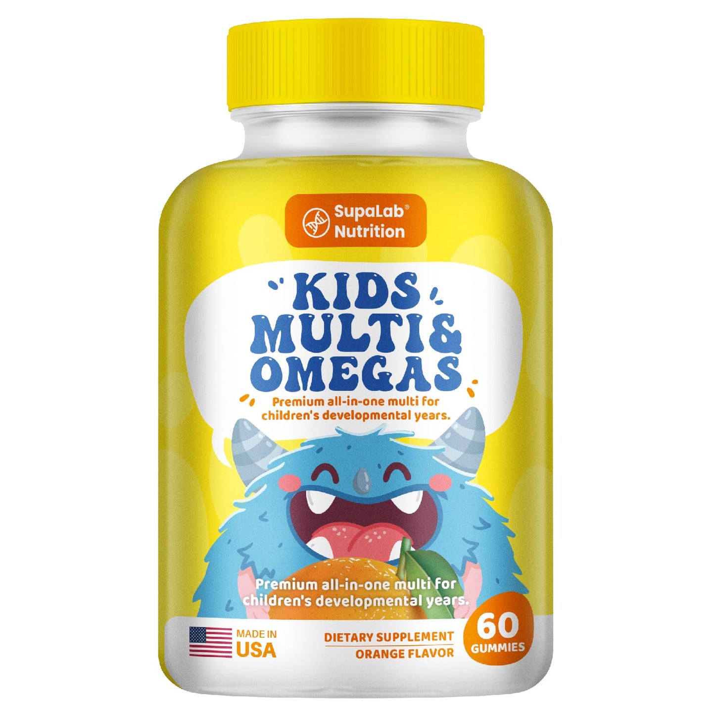 MEGNETA Kids Multivitamin & Omega Gummies with Fish Oil – Omega-3, DHA, Vitamin A, C, D, Orange Flavor, 60 Gummies