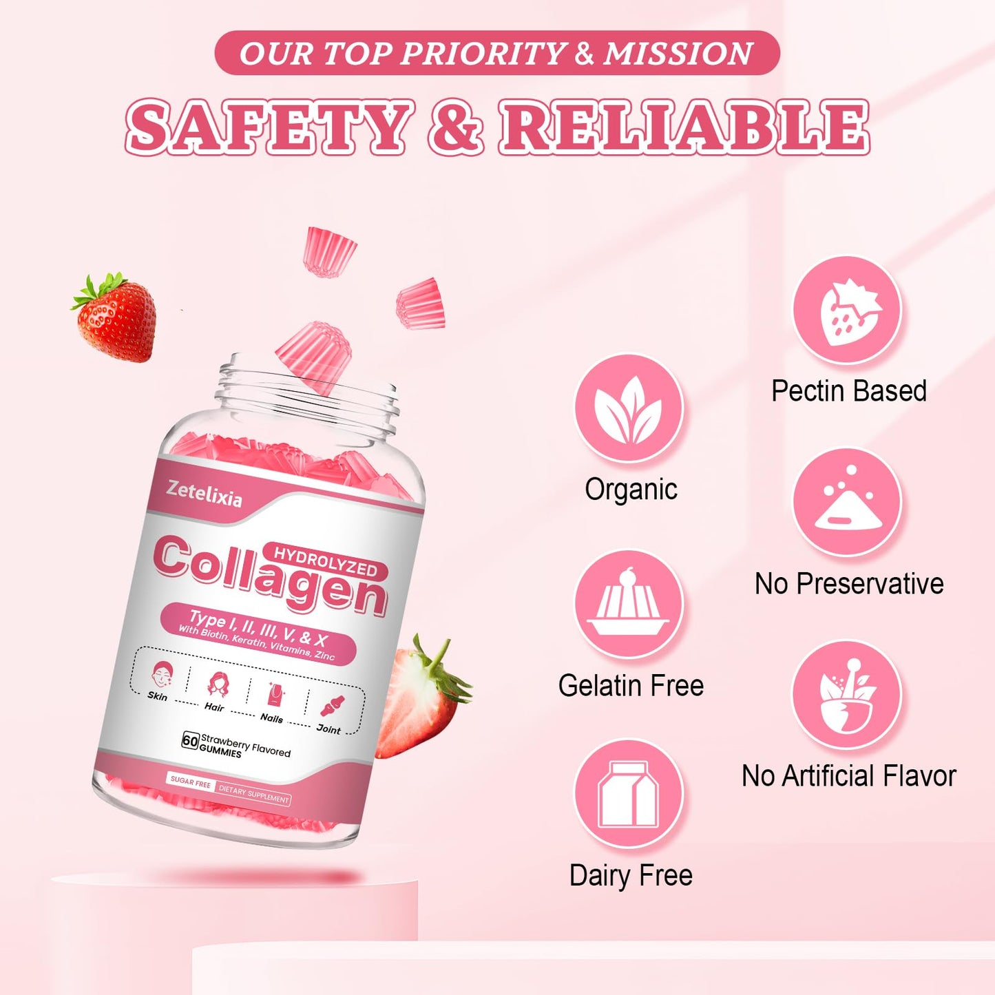 Zetelixia Collagen Gummies, Hydrolyzed Collagen Peptide Type I, II, III, V, X with Biotin, Vitamins C, A, B, D, E for Skin, Hair, Nails, Joints, Immunity, Energy, Digestion, Sugar Free, 120 Gummies