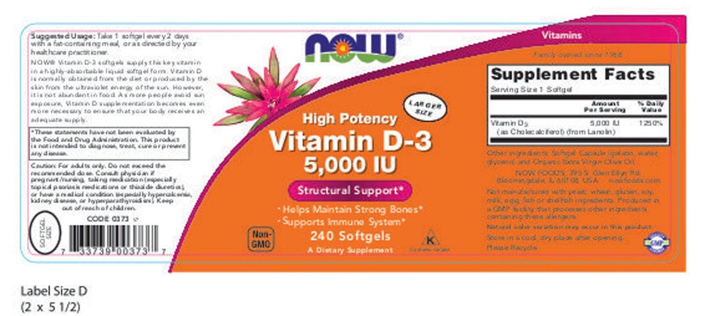 NOW Foods Vitamin D-3 High Potency 5,000 IU Softgels, 240 Count