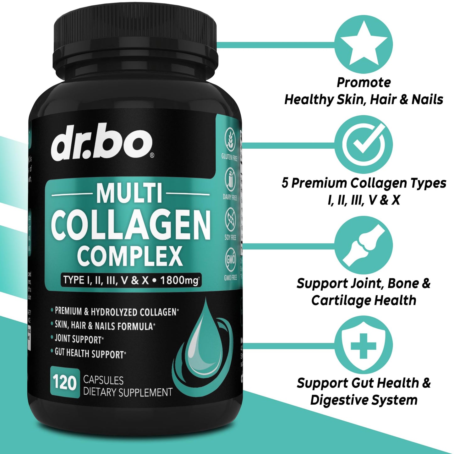 DR. BO Multi Collagen Peptides for Women & Men Type I, II, III, V & X Capsules, 120 Count