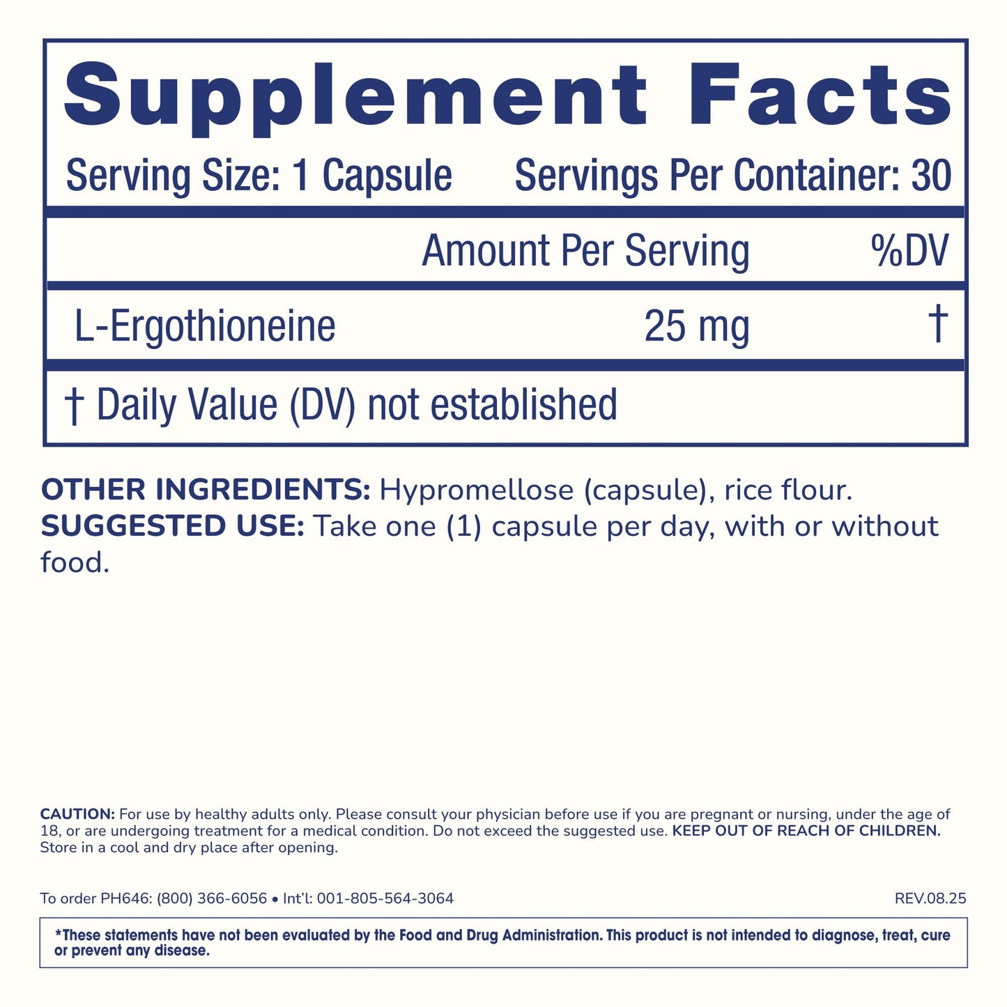 ProHealth Ergothioneine 5X Strength 25 mg Capsule, 30 Count