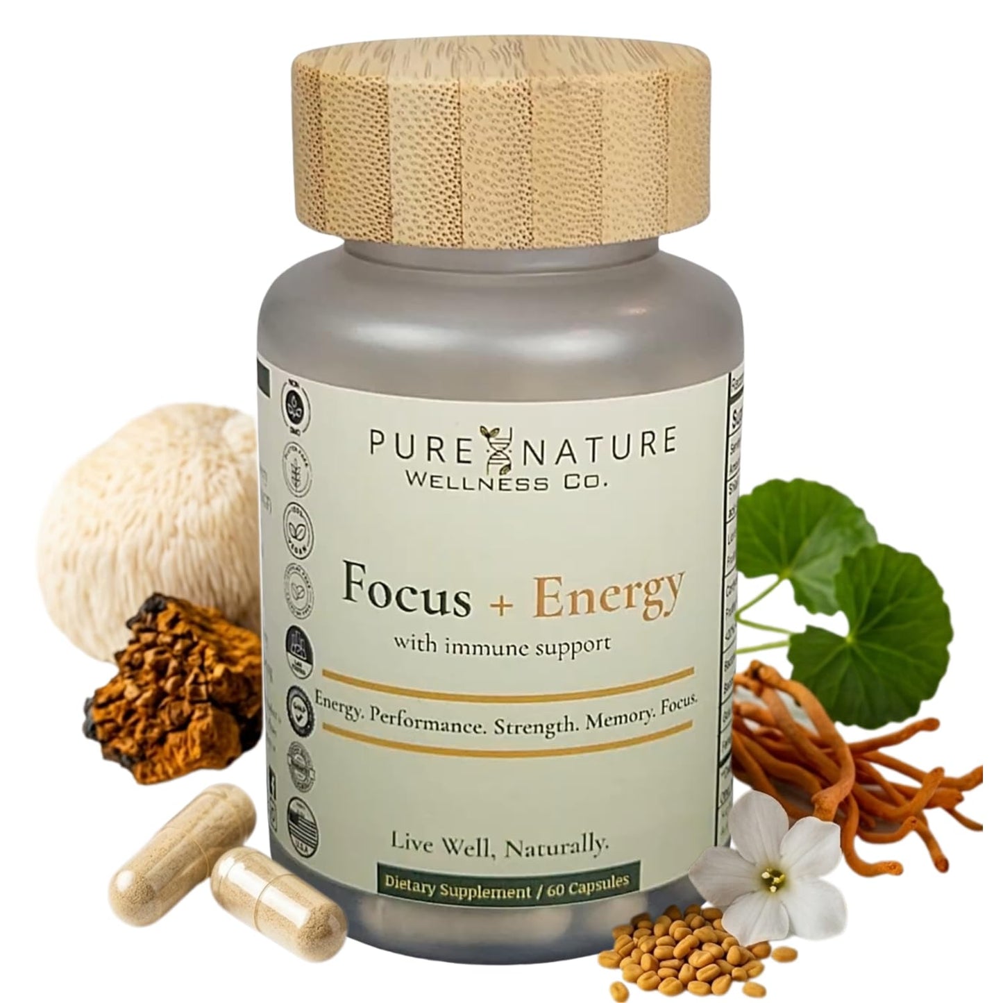 Pure Nature Wellness Co. Focus + Energy + Performance Support-6-in-1 Mushroom Nootropic & Mitochondrial Complex-Advanced Brain Supplement-Natural Energy-Caffeine Free Biohack with Lion’s Mane, Cordyceps, Mumijo, Fenugreek, 60 Capsules