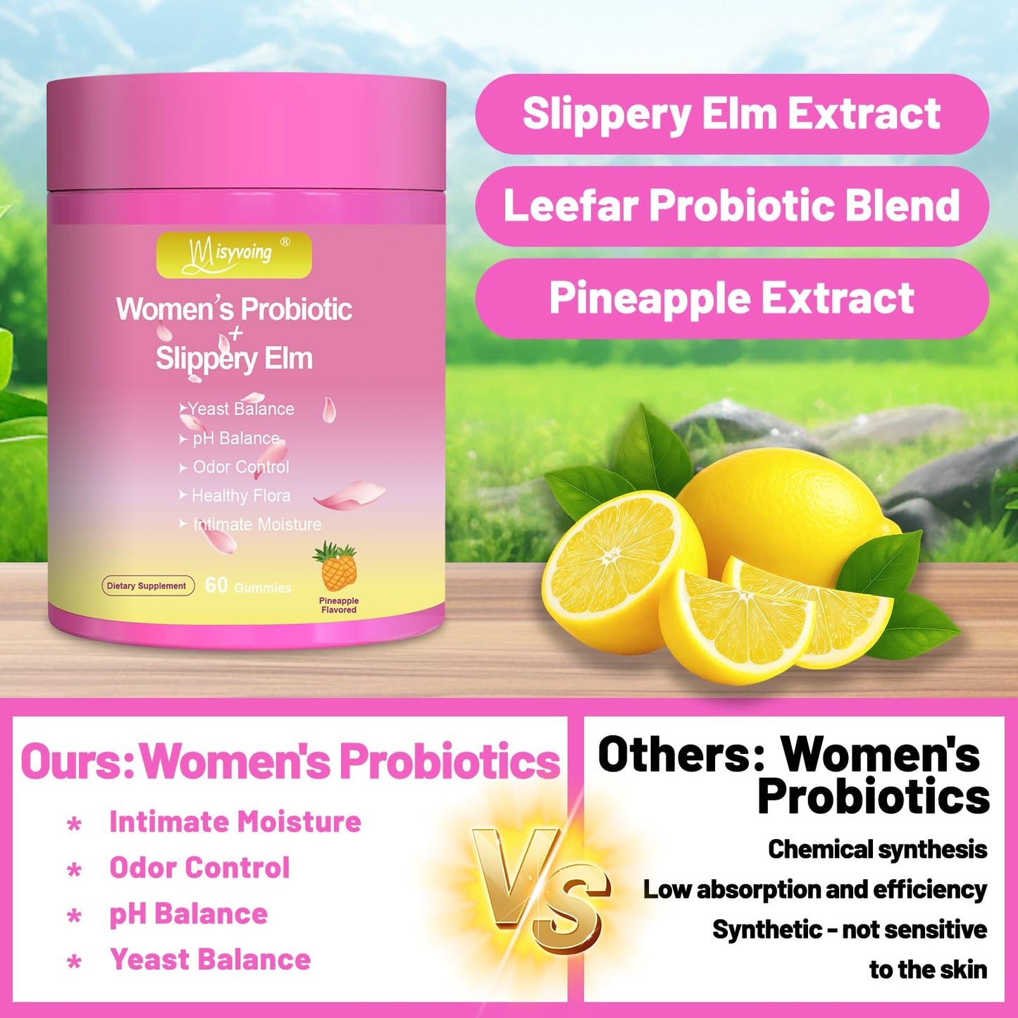 Misyvoing Her Juicy Feminine Probiotics Gummies for pH Balance - Slippery Elm, Lactobacillus Blend - Gut & Immune Support - Pineapple Gummies, 60 Gummies