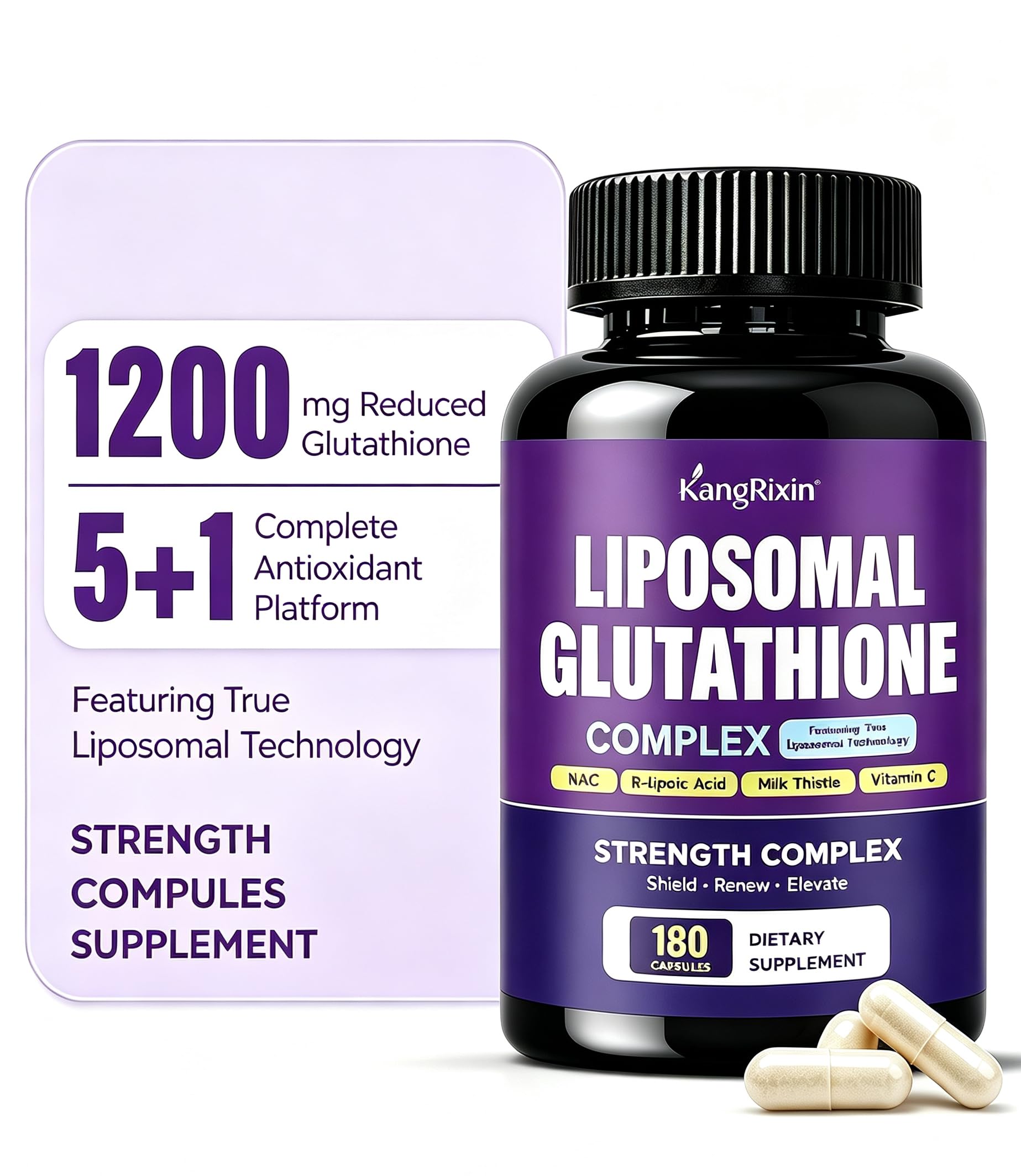 KangRiXin Liposomal Glutathione Supplement 1200mg Plus with NAC, Milk Thistle, R-Lipoic Acid & Vitamin C, Built-in Regeneration System for Liver, Skin & Cellular Health, 180 Capsules