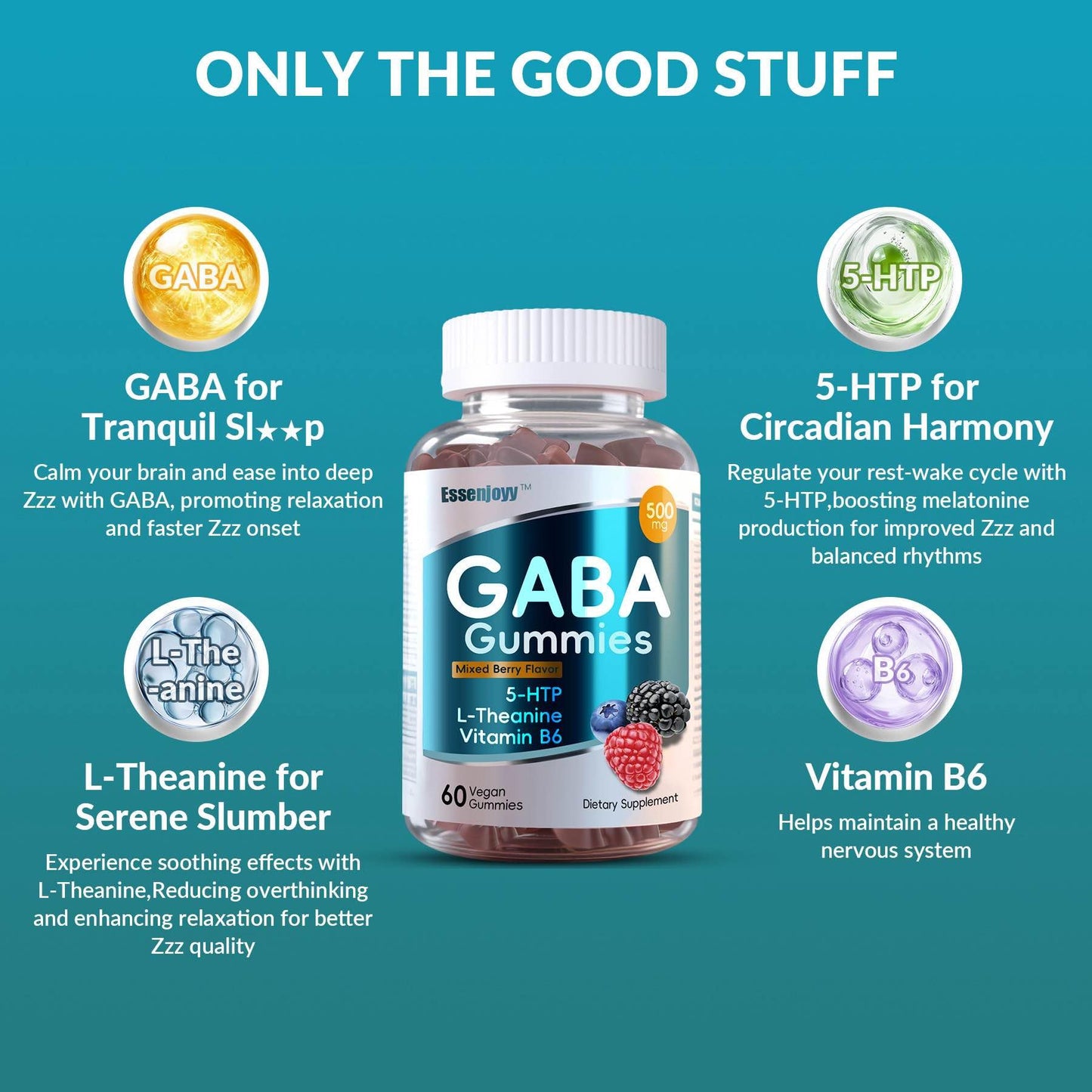 ESSENJOYY Liposomal GABA Gummies 500mg with 5-HTP, L-Theanine & Vitamin B6 Sugar Free, 120 Gummies