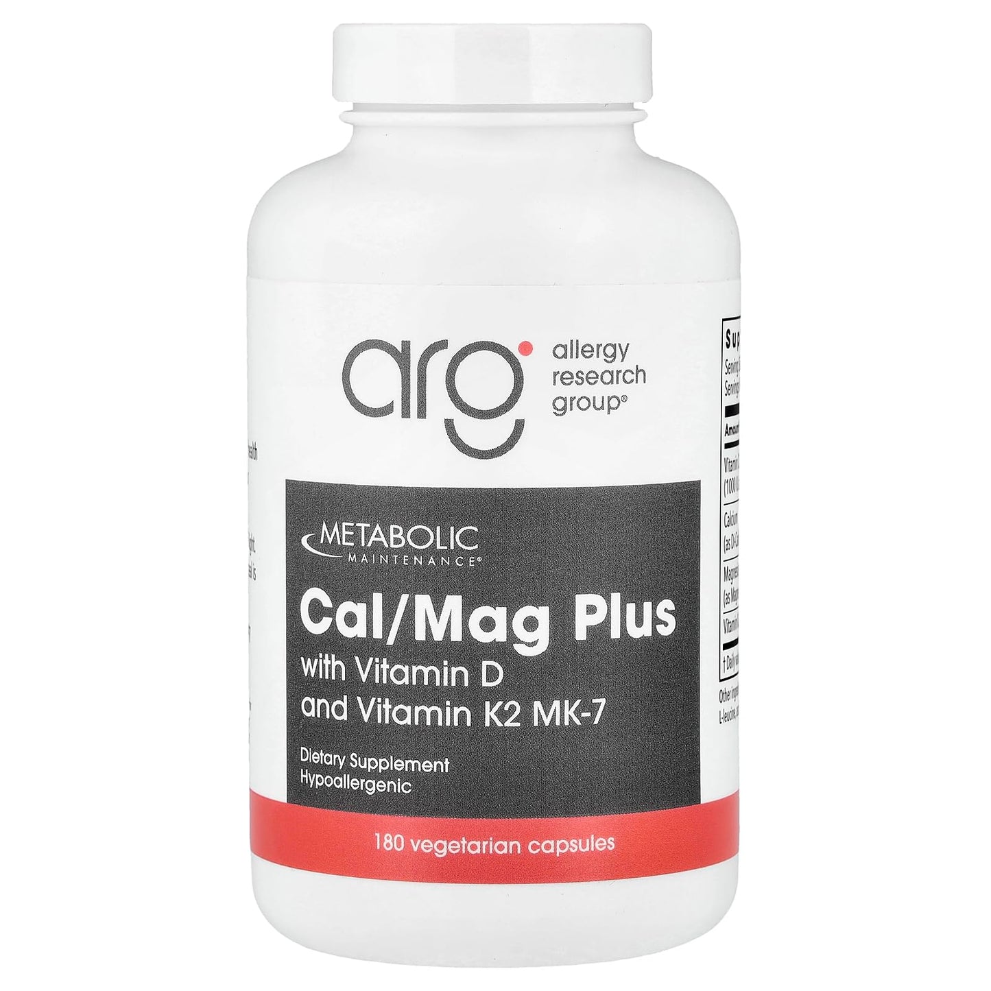 Metabolic Maintenance Cal/Mag Plus with Vitamin D3 & K2 MK-7-2:1 Calcium Magnesium Citrate Formula, 180 Capsules