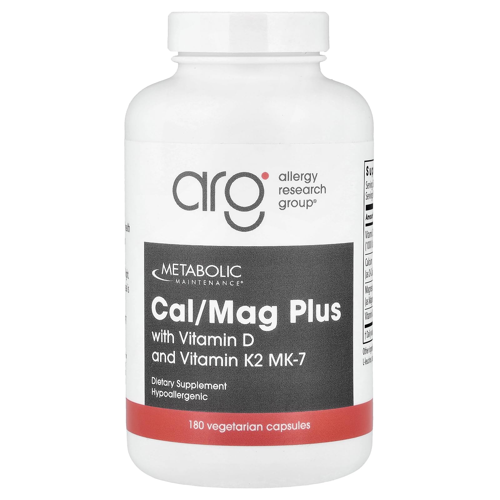 Metabolic Maintenance Cal/Mag Plus with Vitamin D3 & K2 MK-7-2:1 Calcium Magnesium Citrate Formula, 180 Capsules