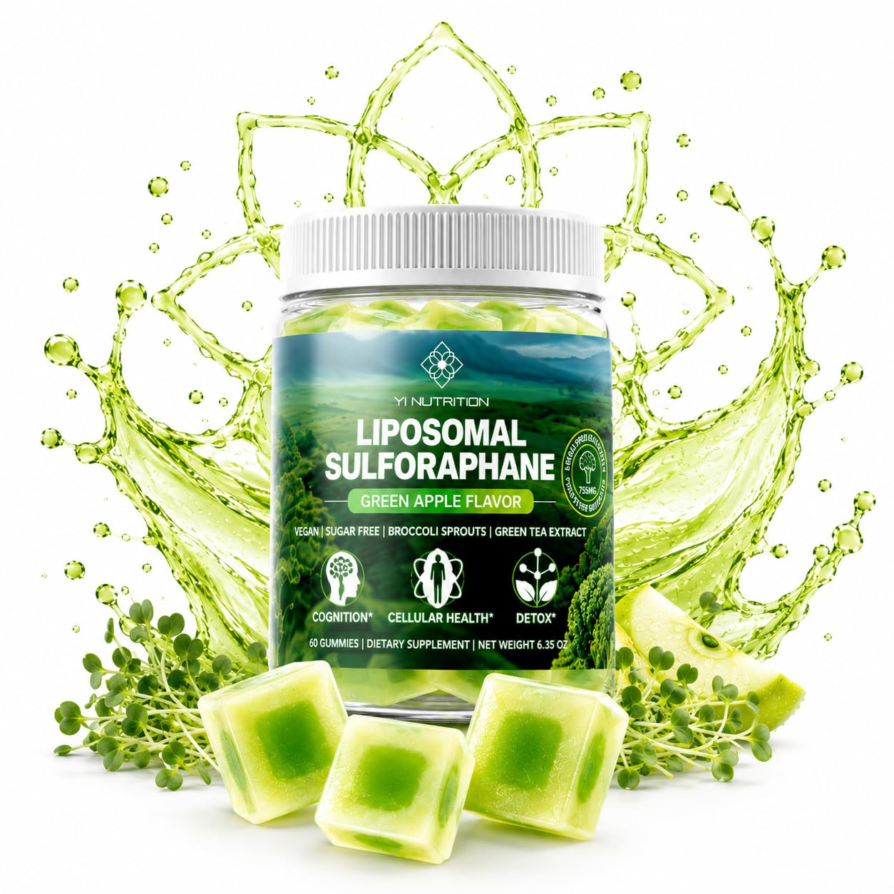 Yi Nutrition Liposmal Sulforaphane Gummies - Broccoli Sprouts Extract 755mg Total with Myrosinase, Glucoraphanin, and Green Tea Extract, 1 Count