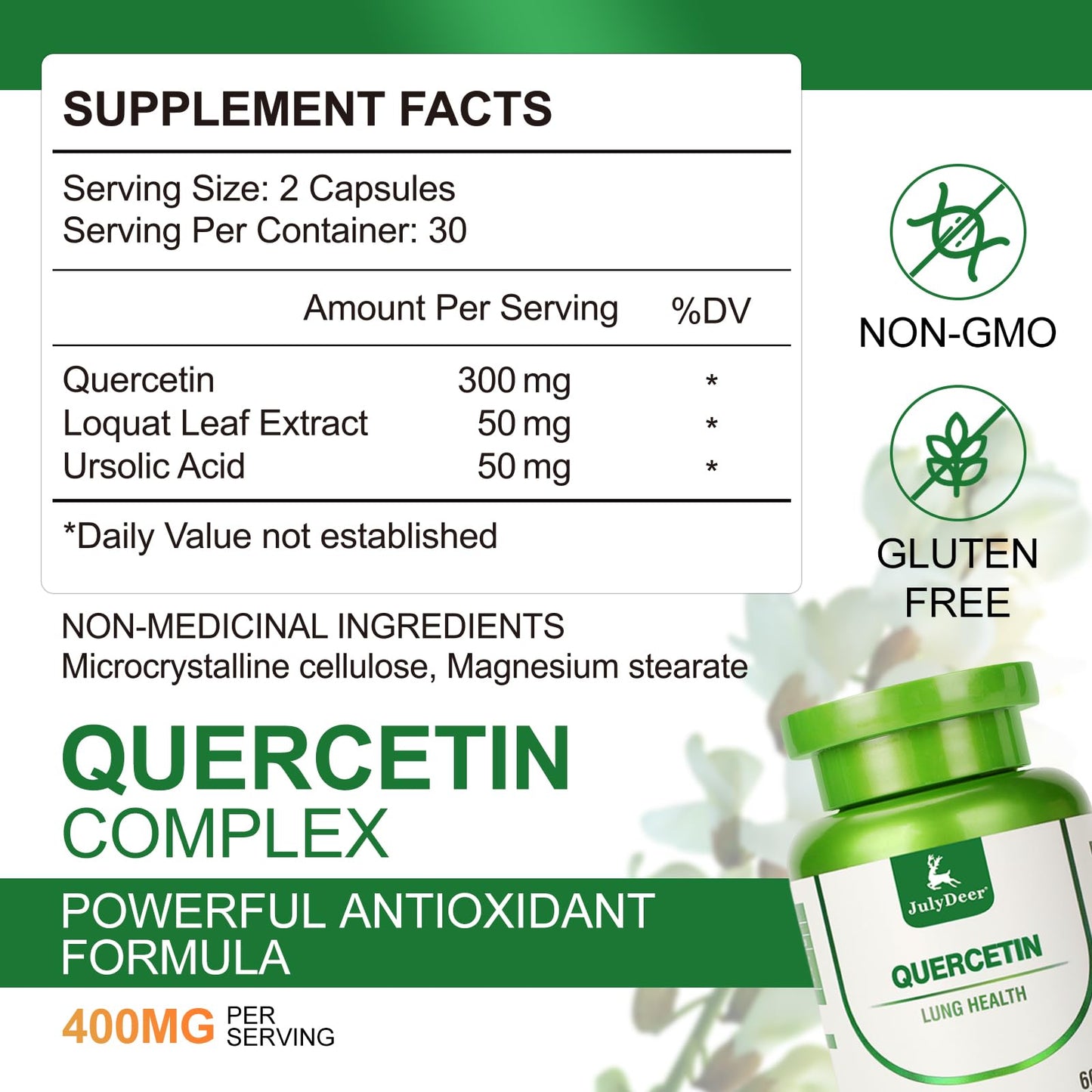 JulyDeer Quercetin 400 mg with Loquat Leaf Extract and Ursolic Acid, 60 Capsules