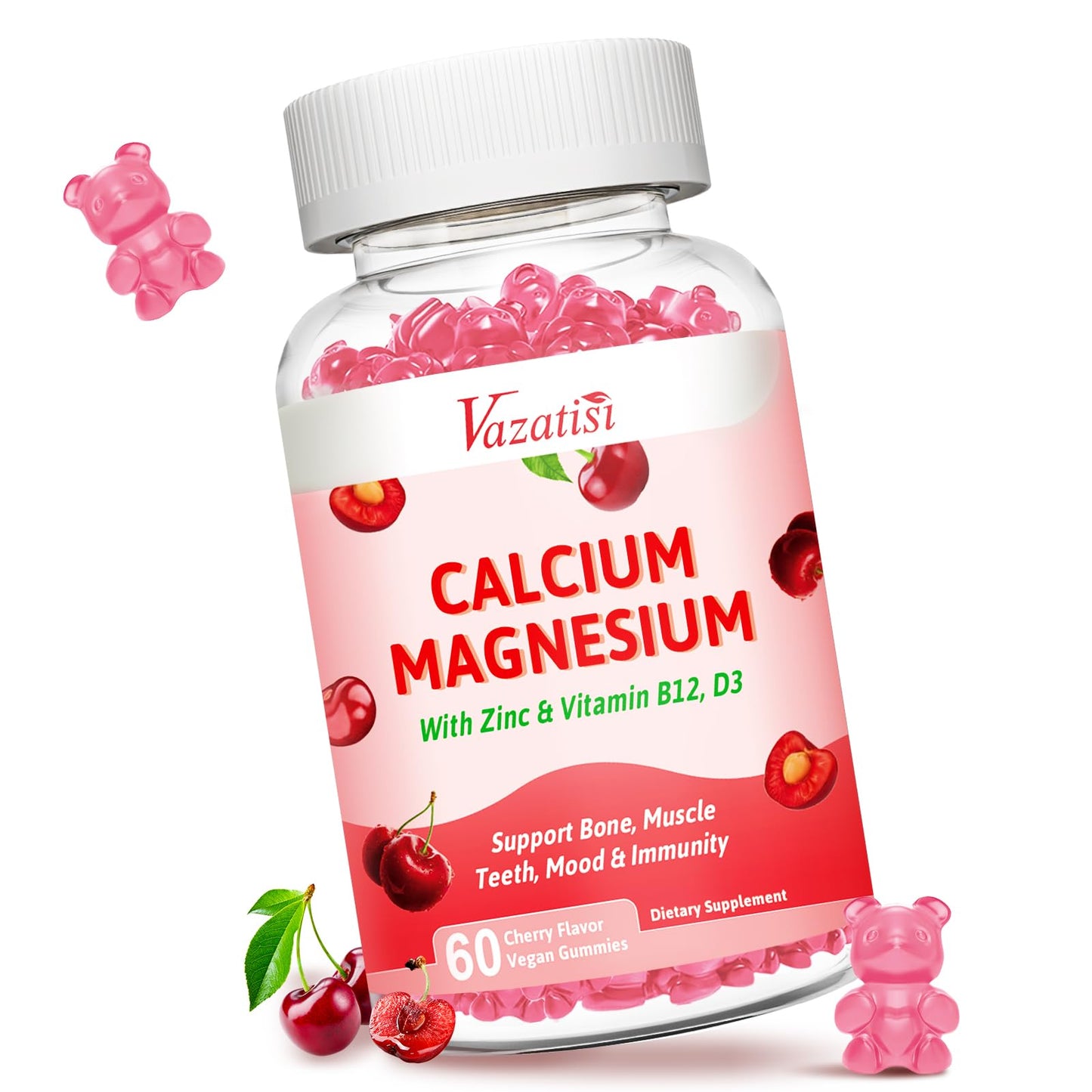 Vazatisi Calcium Magnesium Zinc Gummies with Vitamin D3 & B12, 60 Count