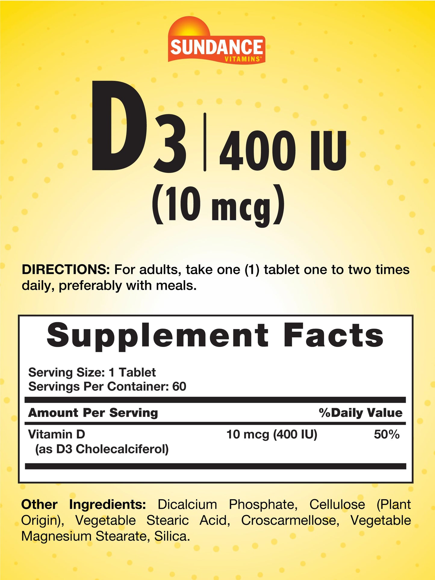Sundance Vitamin D3 400 IU (10 mcg) Tablet, 60 Count
